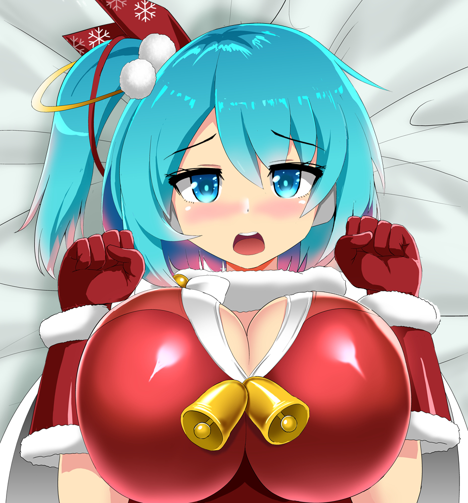 1girls bell bell_collar big_breasts blush breast_focus christmas_outfit honda_takaharu huge_breasts large_breasts light-skinned_female mega_man mega_man_x_dive open_mouth rico_(mega_man) solo tagme