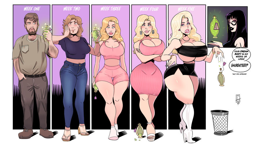 ass_expansion breast_expansion gender_transformation grumpy-tg hair_color_change hair_growth high_heel_boots huge_ass huge_breasts lip_expansion mtf_transformation personality_change thick_thighs thigh_expansion transformation wide_hips