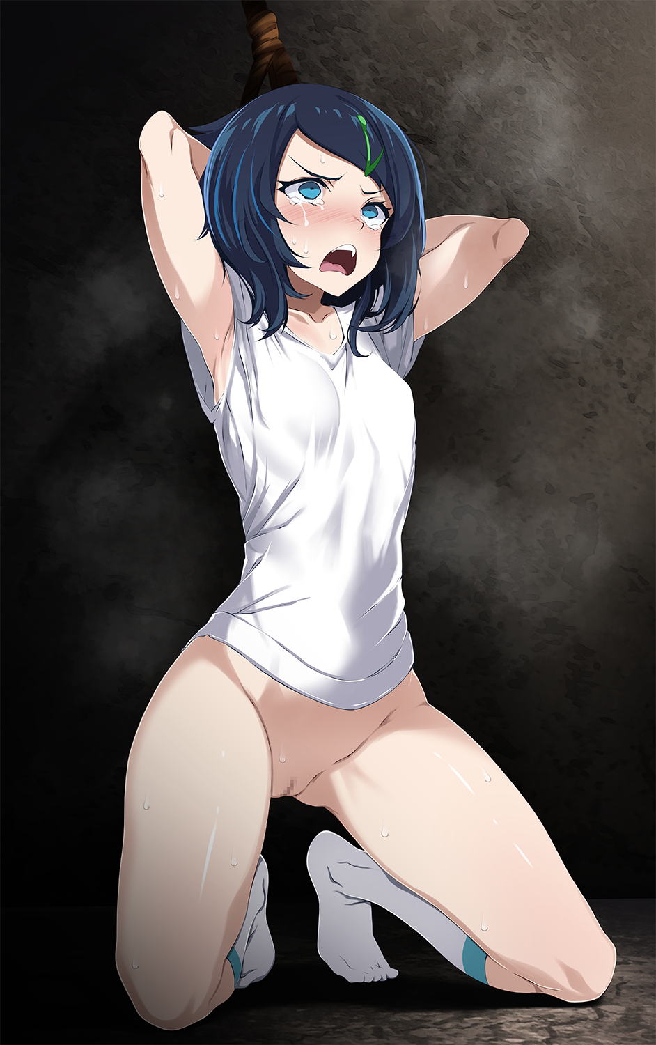 armpits arms_behind_head black_hair blue_eyes blue_hair blush bondage bottomless bound bound_wrists breasts censored collarbone crying d: female full_body hair_ornament hairclip highres indoors kneeling liko_(pokemon) mosaic_censoring multicolored_hair open_mouth pokemon pokemon_(anime) pokemon_horizons pussy shirt sleeveless sleeveless_shirt small_breasts socks solo streaked_hair swept_bangs tears tsukishiro_saika white_shirt white_socks