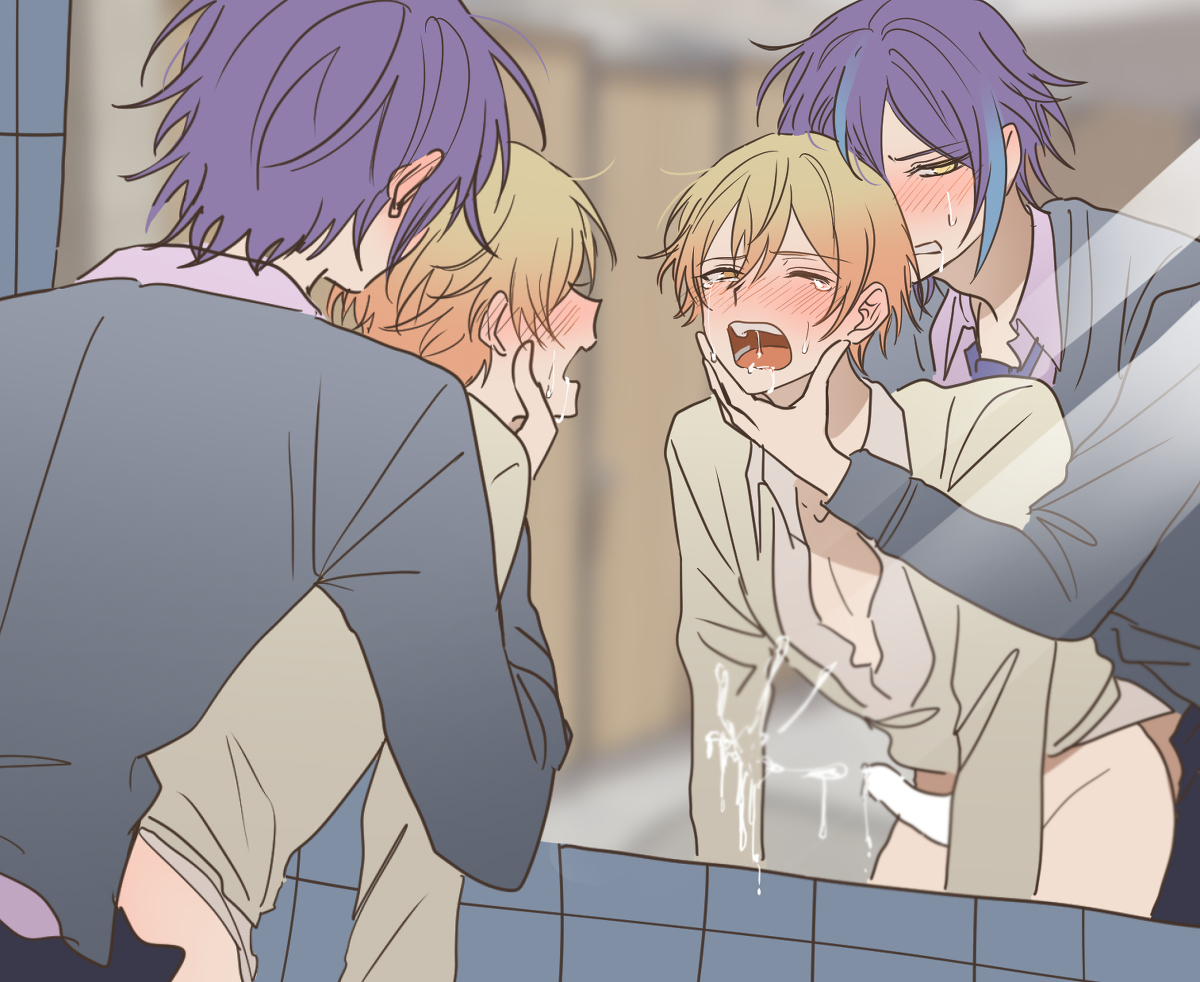 2boys, clenched teeth, cum, kamishiro rui, male, male focus, male only, male/male, mirror reflection, open mouth, open shirt, project sekai, purple hair, sweat, tenma tsukasa, yellow hair