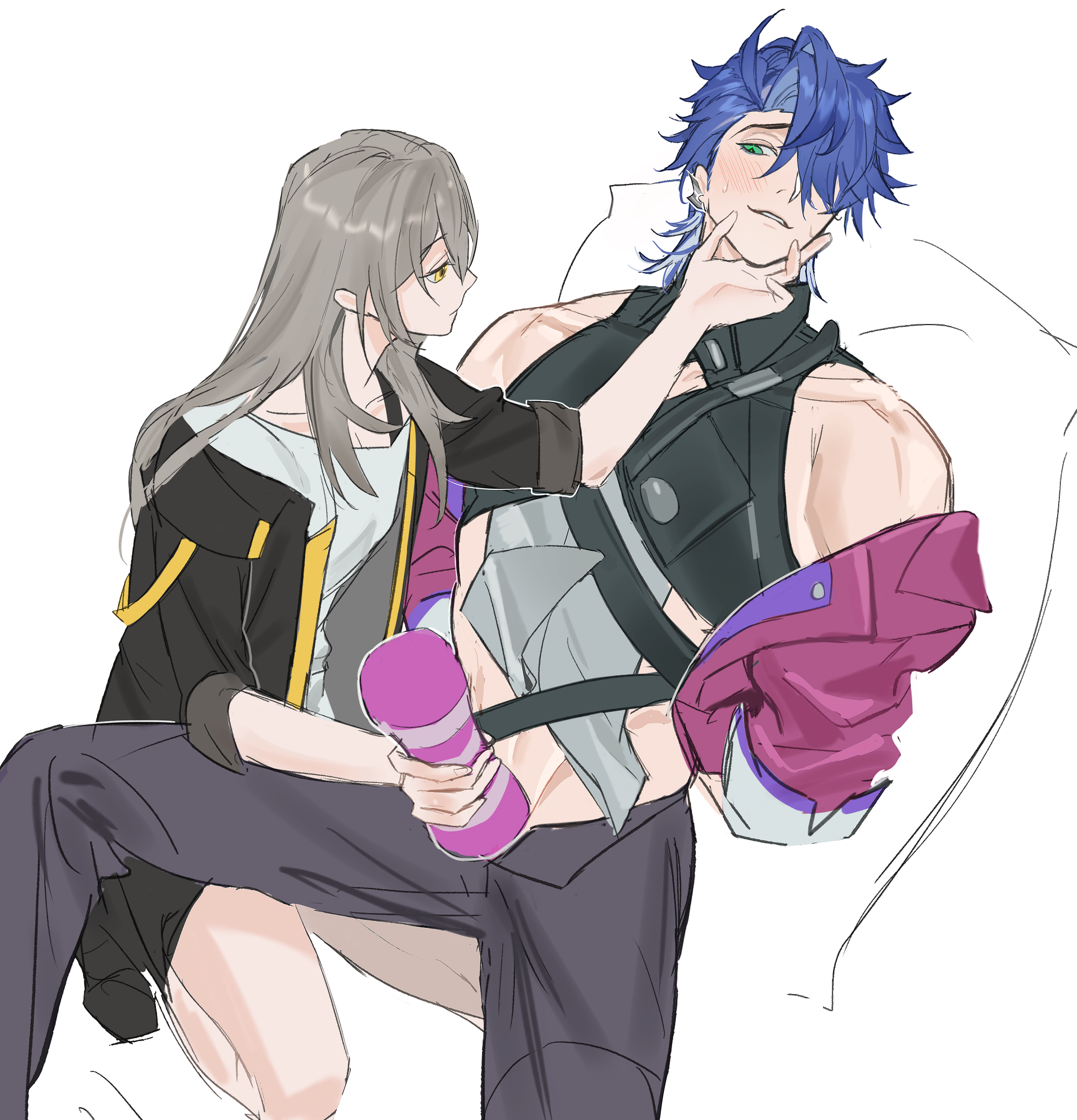 1boy, 1girls, absurd res, al 2698, artificial vagina, blue hair, blush, clothed, clothed female, clothed male, clothed sex, female, femdom, fleshlight, fully clothed, green eyes, grey hair, handjob, handjob w/sex toy, holding face, honkai (series), honkai: star rail, light skin, light-skinned female, light-skinned male, male, male focus, muscular, muscular male, partially clothed, pillow, sampo (honkai star rail), sex toy, stelle (honkai: star rail), straight, turning head, yellow eyes