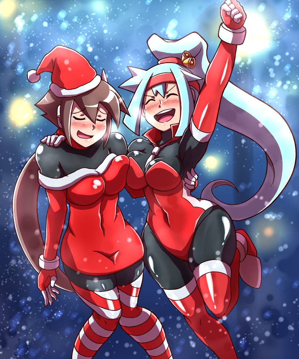 2girls aile armpits ashe_(megaman_zx) asymmetrical_docking big_breasts christmas female female_only mega_man mega_man_zx_advent noburockman tagme