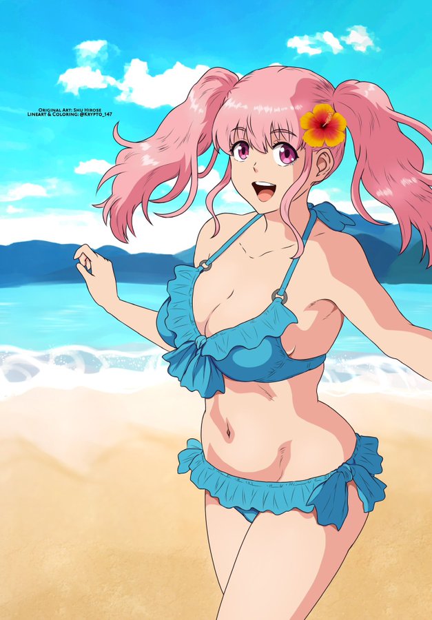 1girls beach bikini krypto-san kyochuu_rettou miura_mami pink_hair smile the_island_of_giant_insects twintails