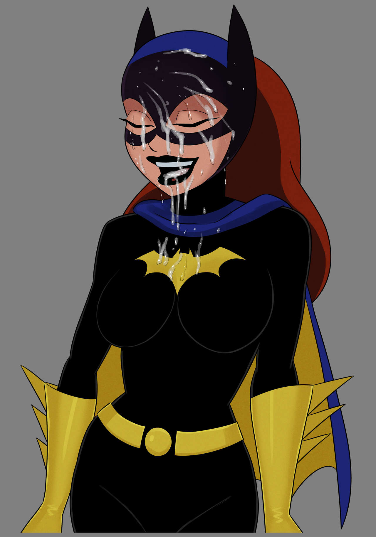 barbara gordon, batgirl, batgirl (barbara gordon), batgirl (the new batman adventures), batman (series), batman: the animated series, belt, blue eyes, covered in cum, cum, cum on face, dc, dc comics, dcau, female, gloves, loving it, masked, masked female, red hair, redhead, something unlimited, spandex, spandex suit, sunsetriders7, superheroine, the new batman adventures