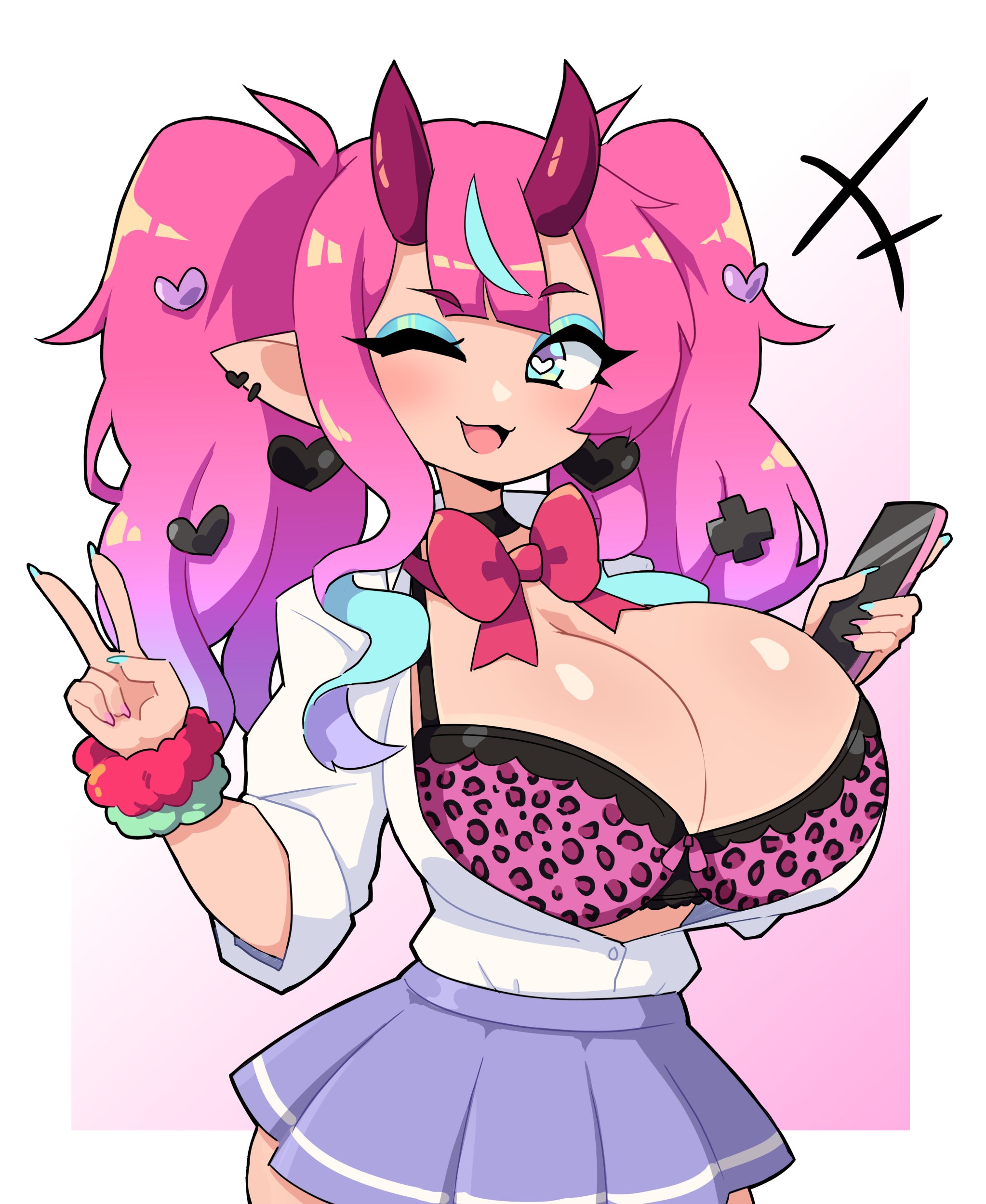 1girls, akari (sait0moriyama), big breasts, blue eyes, blue highlights, bra, breasts, choker, cleavage, commission, earrings, female, female only, gyaru, hair ornament, heart-shaped pupils, hi res, highlights (coloring), holding phone, horns, j5daigada, leopard print, long hair, looking at viewer, makeup, neck ribbon, oni, oni horns, open shirt, phone, pink hair, pointy ears, purple highlights, shirt, skirt, sleeves rolled up, smiling, smiling at viewer, solo, twintails, v sign, wink, winking at viewer, wrist cuffs