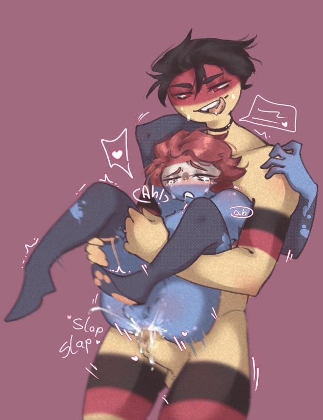 2boys anal anal_sex black_hair blue_body blue_skin cone_ink countryhumans english_text germany_(countryhumans) heart legwear male male_only markings paraguay_(countryhumans) penis purple_background red_hair short_hair simple_background text thighhighs yaoi yellow_body yellow_skin