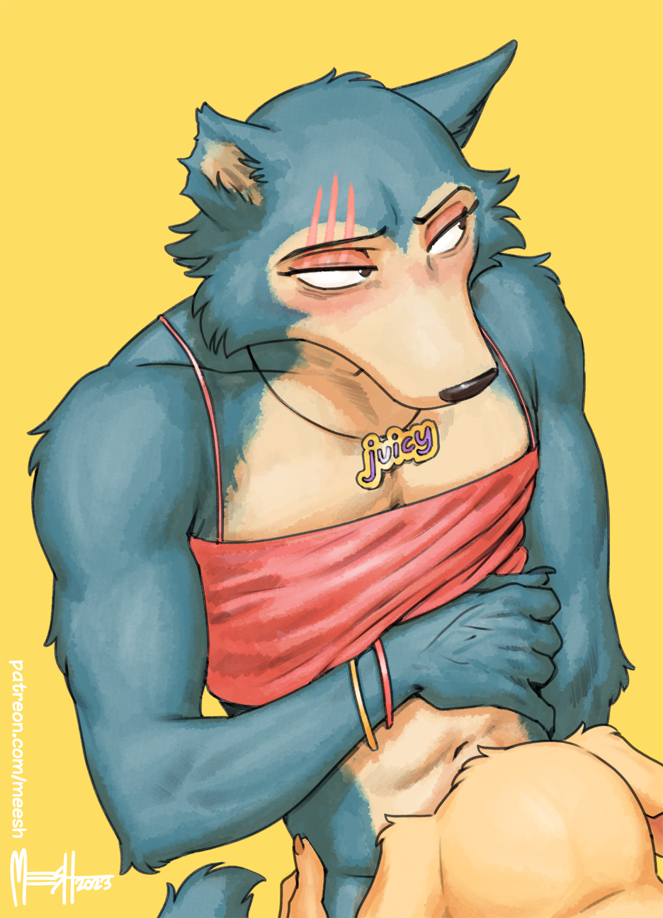 anthro, beastars, bite, canid, canine, canis, domestic dog, duo, ear bite, gay, gay male, hi res, jack (beastars), legoshi (beastars), male, male penetrated, male penetrating, male penetrating male, male/male, mammal, meesh, mostly nude, oral, oral penetration, penetration, scar, sex, simple background, yaoi