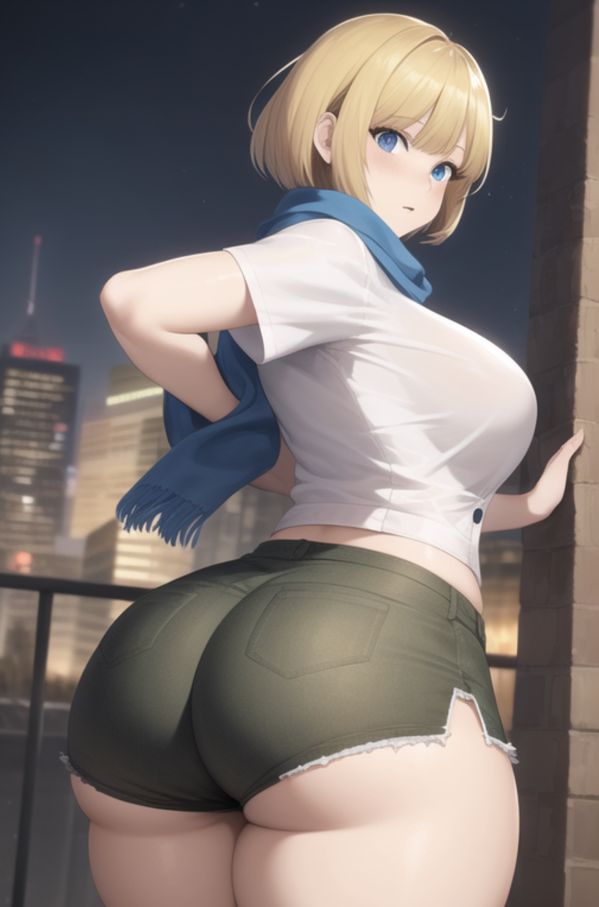 ai generated, ass, big ass, big butt, blonde hair, booty shorts, fat ass, female, huge ass, huge butt, resident evil, resident evil 6, scarf, sherry birkin, short hair, shorts, thick thighs