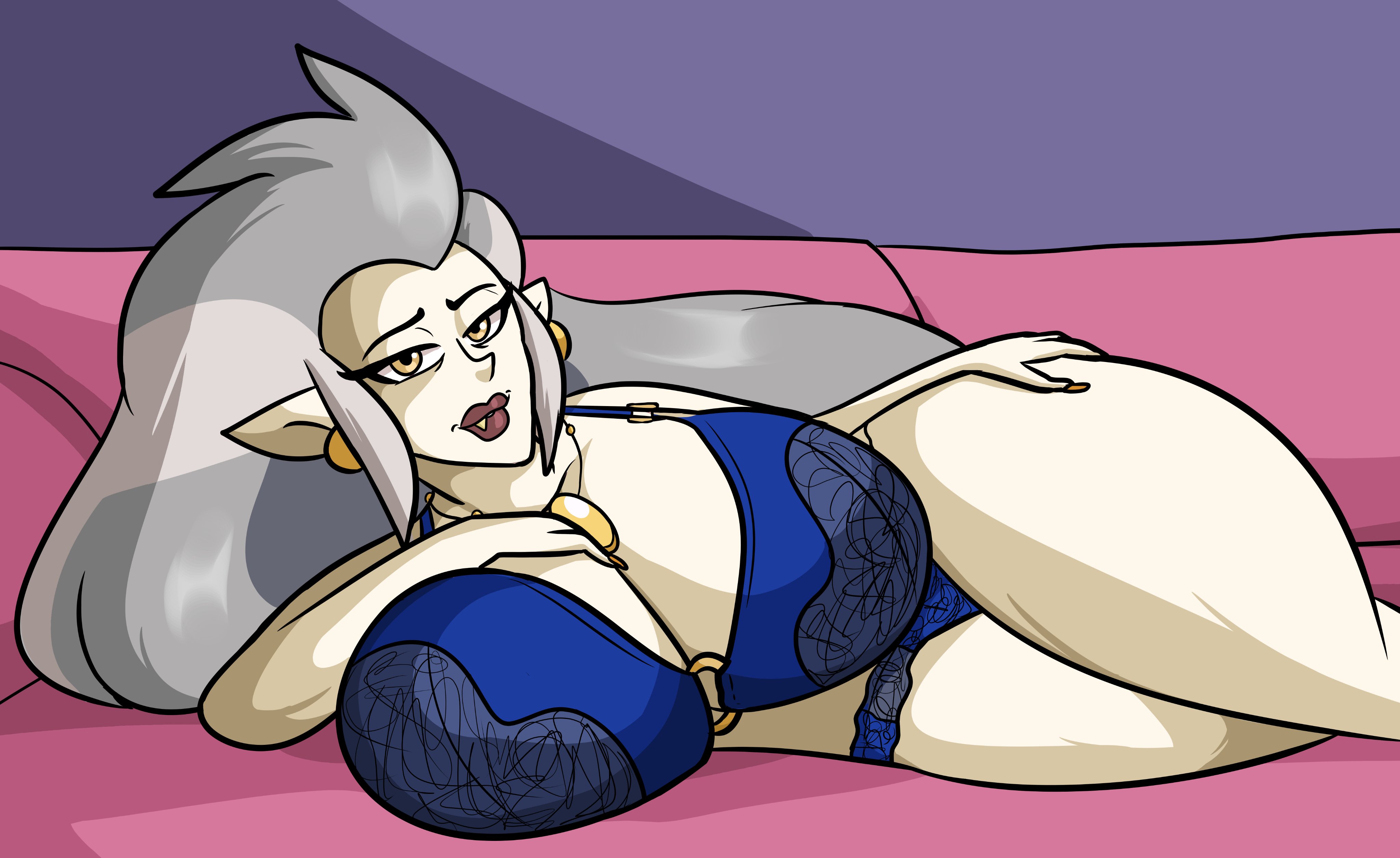1girls, alternate version available, big breasts, bra, breasts, breasts bigger than head, clothing, disney, ear piercing, earrings, eda clawthorne, enormous breasts, female, female focus, female only, grey hair, huge breasts, humanoid, light skin, light-skinned female, lingerie, long hair, looking at viewer, lying, lying on side, max1mus, necklace, panties, piercing, pointy ears, silver hair, skimpy, smooth skin, the owl house, thick thighs, underwear, voluptuous, voluptuous female, yellow eyes