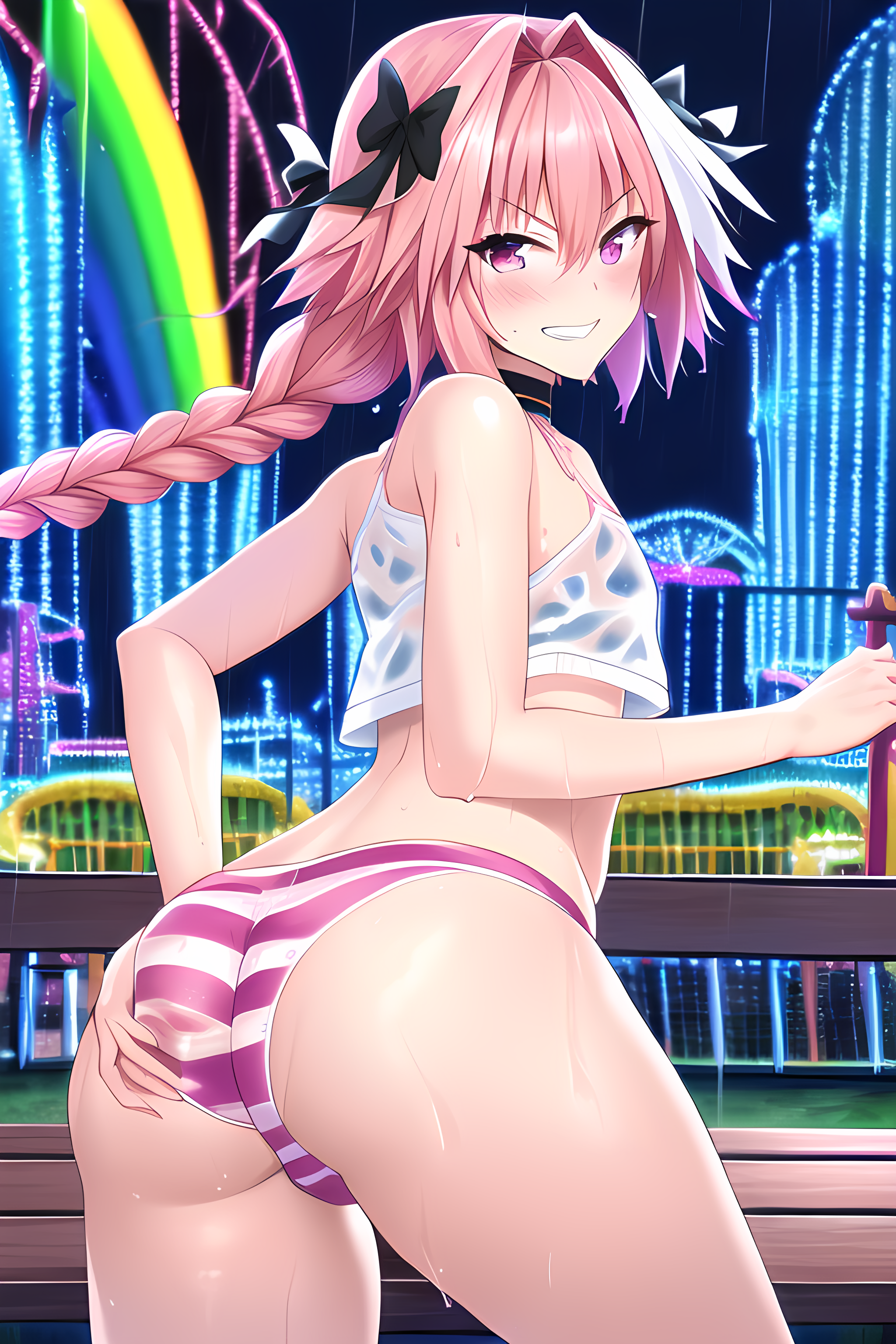 ai generated, ass, ass focus, astolfo (fate), braid, choker, crop top, fate (series), fate/apocrypha, fate/grand order, femboy, girly, male, neon lights, night, pink eyes, pink hair, rain, raining, smile, smiling, striped panties, wet, wet clothes