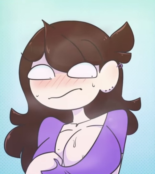 1girls, big breasts, blush, breasts, breasts bigger than head, brown hair, edit, edited, edited official artwork, female, female only, jaiden, jaiden animations, pink shirt, sweating, tagme (artist), youtube