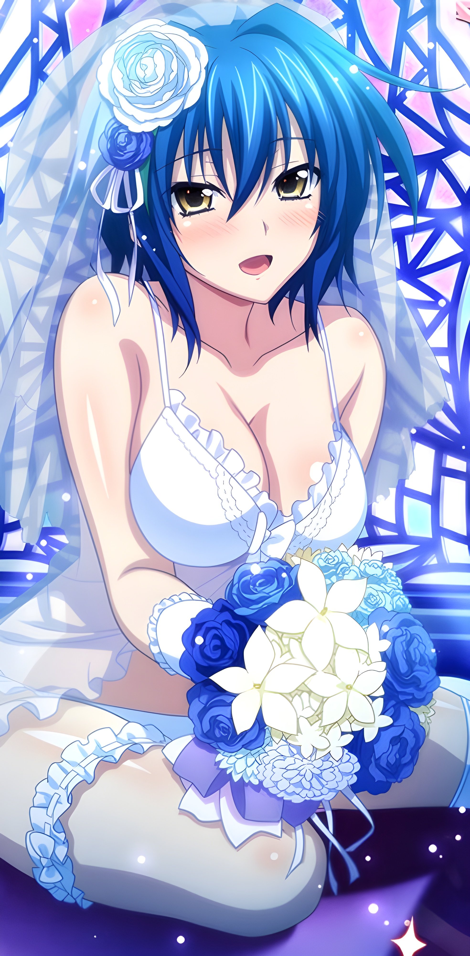 ai generated, big breasts, blue hair, breasts, female, flowers, high school dxd, wedding dress, white bra, white panties, xenovia quarta