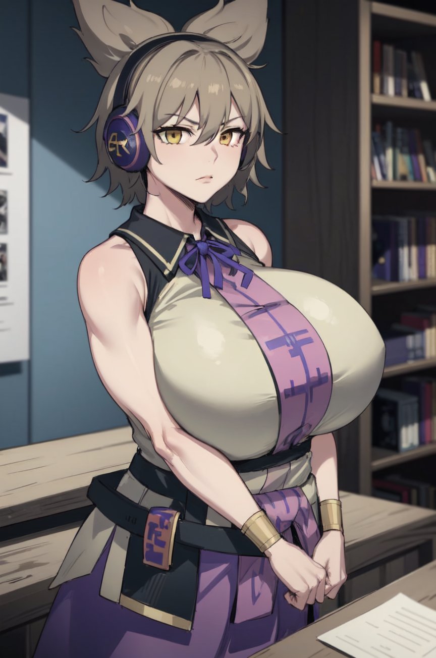 1girls ai_generated bare_shoulders belt bookshelf bracelet breasts earmuffs fist hair_between_eyes huge_breasts jewelry light_brown_hair looking_at_viewer neck_ribbon paper purple_skirt shirt short_hair skirt sleeveless sleeveless_shirt solo solo_focus table touhou toyosatomimi_no_miko yellow_eyes