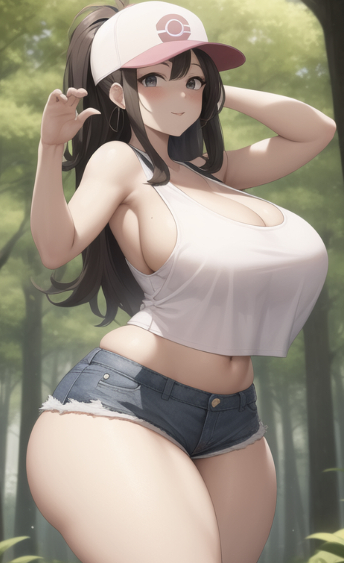 ai generated, ass, baseball cap, big ass, booty shorts, brown hair, curvy, female, hilda (pokemon), nintendo, pokemon, pokemon bw, pokemon trainer, short shorts, shorts, tank top, thick, thick thighs