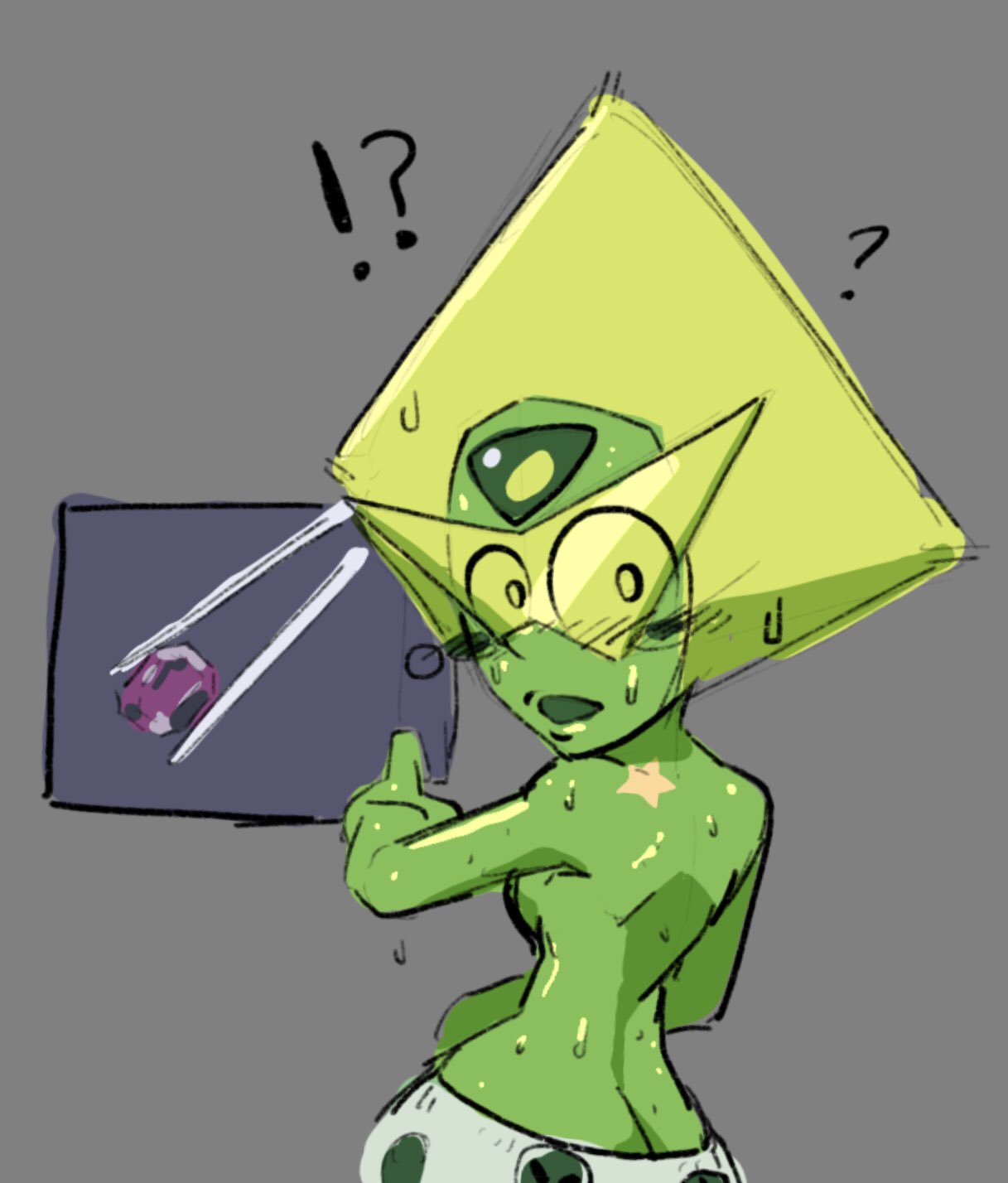 1girls back bananagaari boxers_(clothing) breasts green_skin low_budget_gem_pornography peridot_(steven_universe) sideboob steven_universe topless underwear