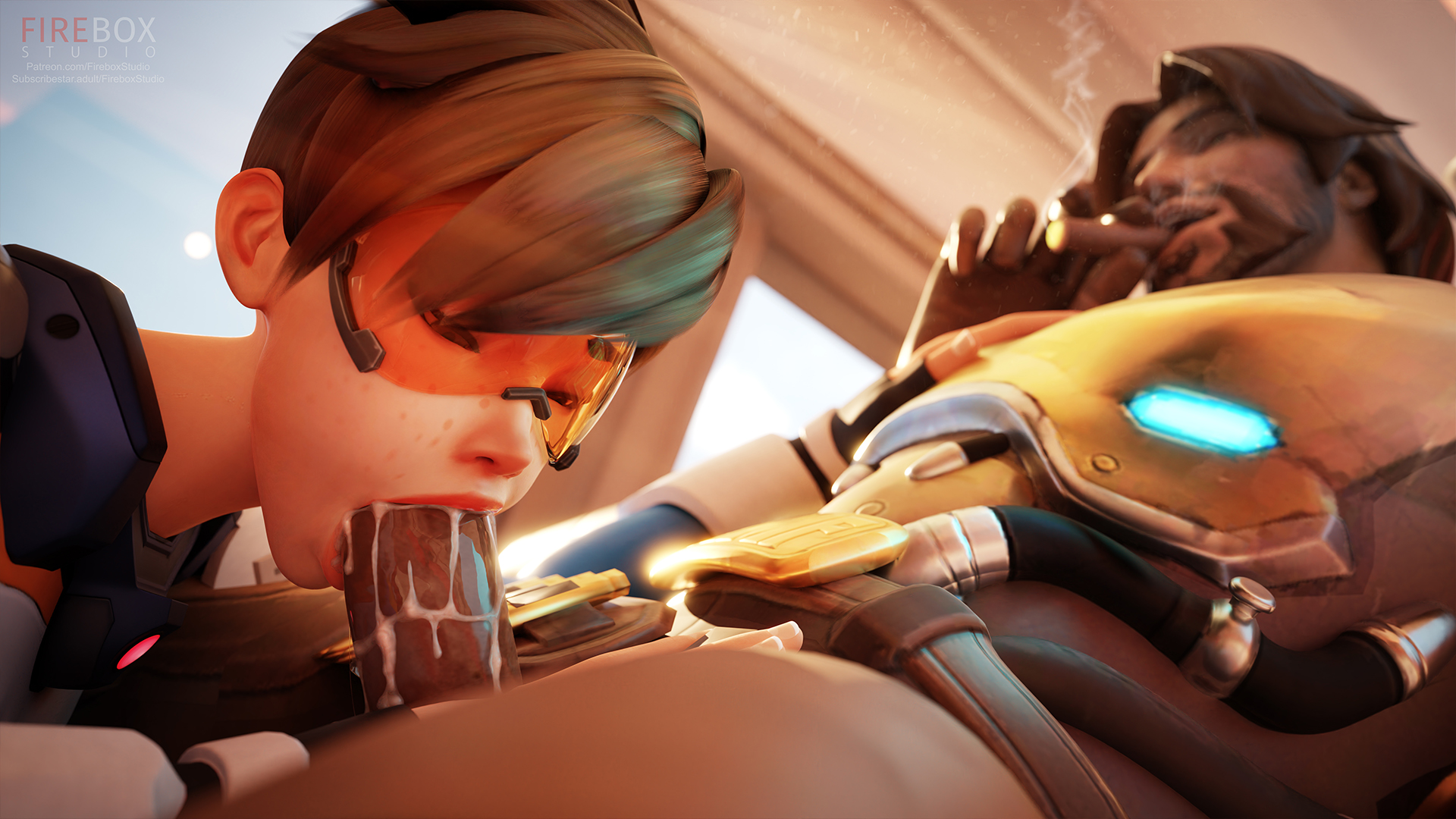3d, alternate version available, armwear, bending forward, blender, blizzard entertainment, blowjob, blowjob face, blurry, blurry background, bodysuit, bottomwear, brown hair, cigar, close-up, clothed, clothing, cole cassidy, cowboy, cum, cum drip, cum in mouth, cum on penis, cumshot, erect penis, erection, eyewear, fellatio, female, female focus, female penetrated, fingerless gloves, fireboxstudio, freckles, freckles on face, gloves, handwear, hat, headband, headwear, highres, leaning, leaning forward, legs up, lena oxton, light skin, light-skinned female, long hair, looking down, looking pleasured, male, male penetrating, male penetrating female, male/female, oral, oral penetration, oral sex, orange-tinted eyewear, orgy, overwatch, overwatch 2, penis, penis out, pleasure face, purple body, purple skin, route 66 (map), sex, shadow, shirt, sitting, smoke, standing, sucking, sucking penis, suit, sun, sunlight, tight clothes, tight clothing, tinted eyewear, topwear, tracer, visor, watermark
