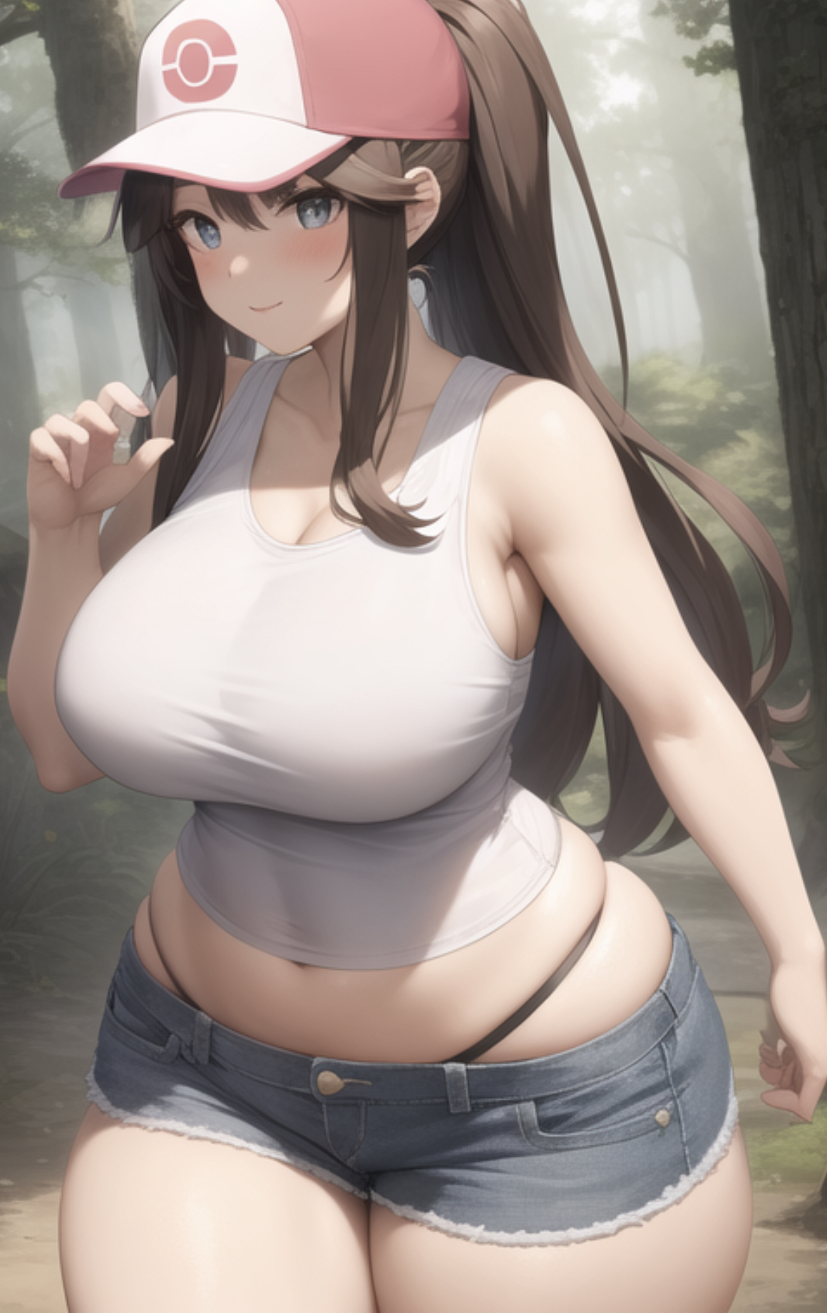 ai generated, ass, baseball cap, big ass, blue eyes, booty shorts, brown hair, curvy, female, hilda (pokemon), nintendo, pokemon, pokemon bw, pokemon trainer, short shorts, shorts, tank top, thick, thick thighs, thong