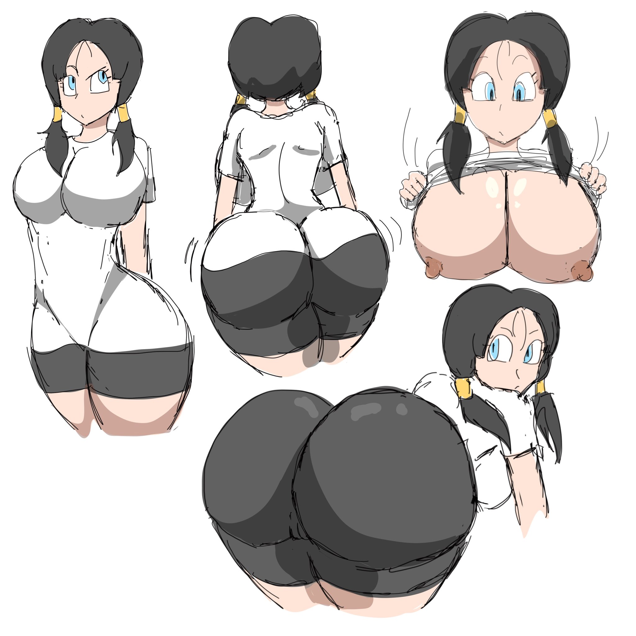 ass, athletic, athletic female, big ass, big butt, black hair, black-haired female, blue eyes, blue-eyed female, breasts, bubble butt, cameltoe, curvaceous, curvy figure, dragon ball, fat ass, female, huge ass, large breasts, looking at viewer, pointy nipples, pussy, round ass, short shorts, thick thighs, thin waist, tight clothing, tomboy, videl, voluptuous, white background, zdaddyecchi