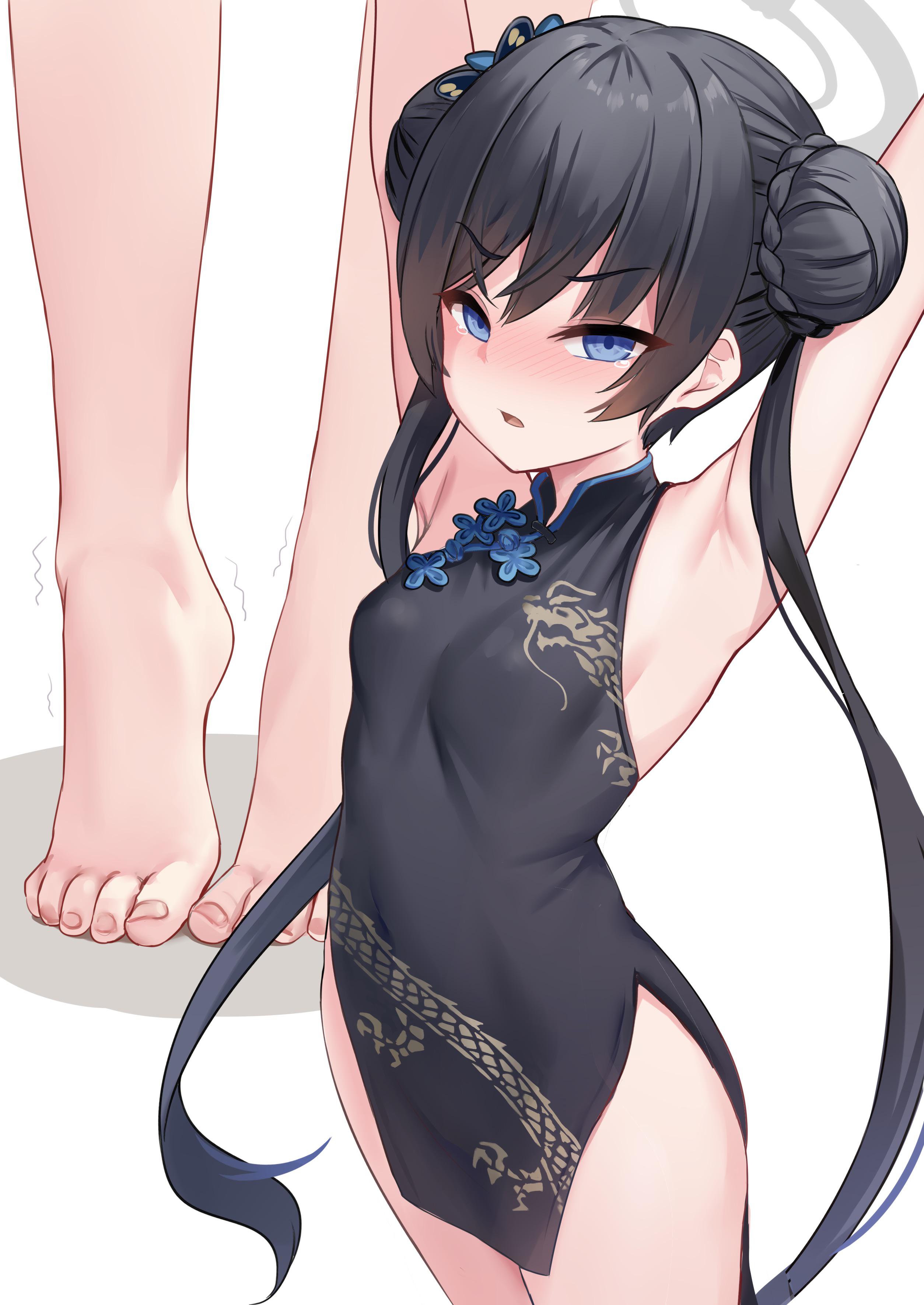 1girls, angry, barefoot, blue archive, blue eyes, feet, female, female only, genryumon (blue archive), kisaki (blue archive), shanhaijing secondary school student, shimokirin, solo, stretching, toes, young