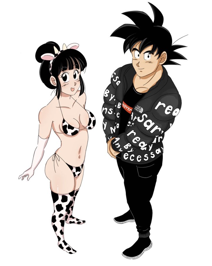 1boy 1girls bikini black_hair breasts canon_couple chichi couple cow_bikini cow_ears cow_girl cow_horns cow_print cow_print_bikini cow_print_legwear cow_print_stockings cow_print_thighhighs curvy_figure cute dragon_ball drip drip_goku dripping gokutrash husband_and_wife looking_at_viewer married_couple meme perfect_body round_ass son_goku supreme_jacket