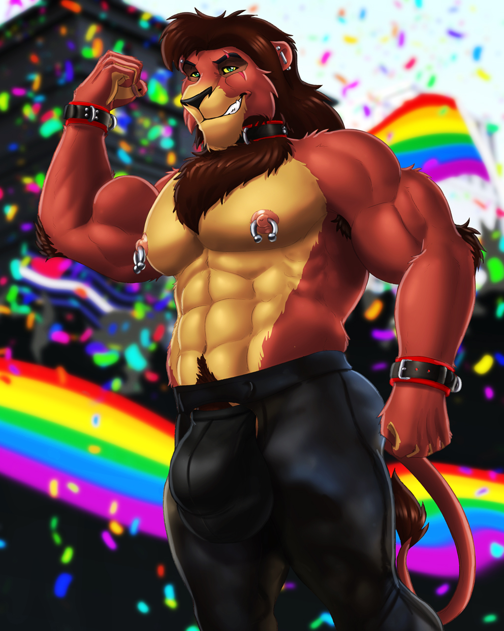 abs anthro big_bulge bottomwear bulge clothed clothing detailed_bulge disney dream_and_nightmare ear_piercing felid flexing gay gay_pride hi_res kovu leather leather_bottomwear leather_clothing leather_pants lion male mammal nipple_piercing nipples pantherine pants piercing pubes the_lion_king topless