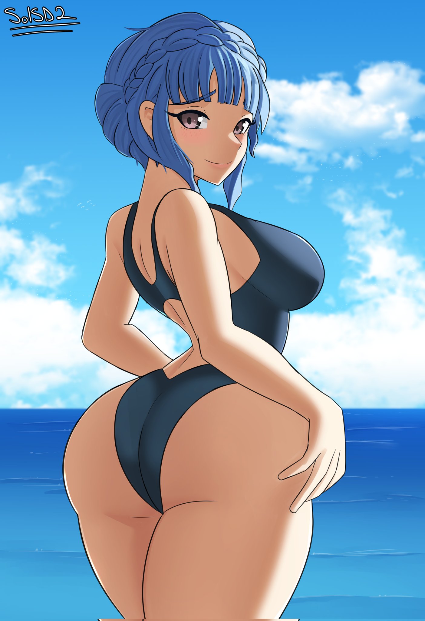 1girls alternate_costume ass back_view blue_hair blue_hair_female blue_one-piece_swimsuit blue_swimsuit breasts female fire_emblem fire_emblem:_three_houses hands_at_side heart_shaped_ass large_ass large_breasts looking_at_viewer looking_back loving_gaze marianne_von_edmund ocean one-piece_swimsuit short_hair sol-sama_d2 solo swimsuit water