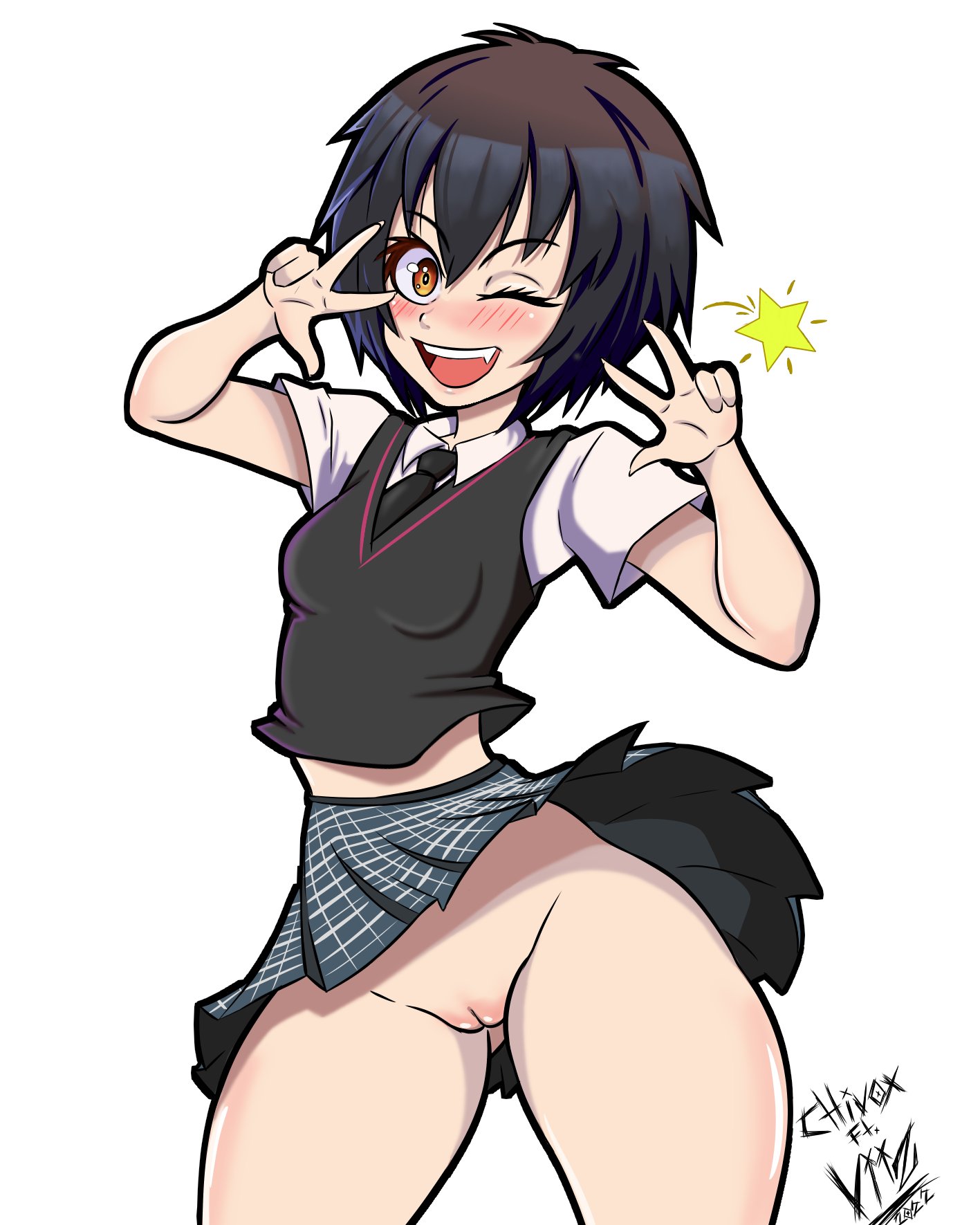 1girls, aged up, asian, black hair, breasts, casual, fangs, female, human, light skin, light-skinned female, looking at viewer, marvel, marvel comics, miniskirt, no panties, nonsexual, nonsexual nudity, pale skin, pale-skinned female, peace sign, peni parker, peni parker (earth-14512), pussy, school uniform, shaved pussy, short hair, skirt, small breasts, spider-man (series), spider-man: into the spider-verse, tomboy, upskirt, viiz art, windy skirt