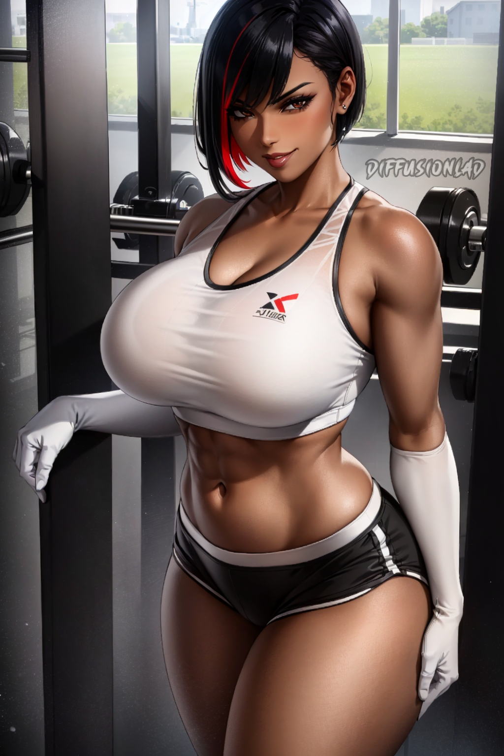 1girls ai_generated black_hair dark-skinned_female dark_skin diffusionlad female female_only gym gym_uniform hi_res huge_breasts milf seductive_look short_hair stable_diffusion voluptuous voluptuous_female