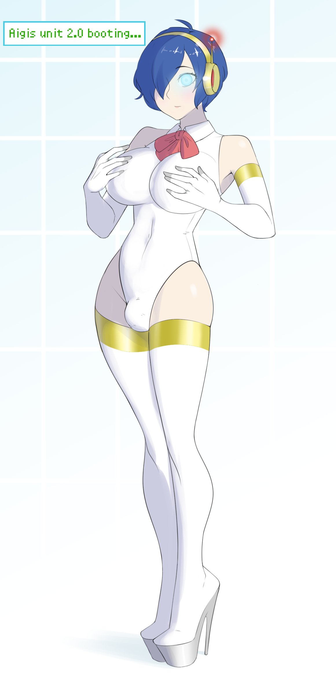 1futa aigis_(persona) armpits atlus big_breasts blue_hair brainwashing bulge bulge_through_clothing dickgirl fully_clothed futanari gloves glowing_eyes hair_over_one_eye hi_res high_heel_boots high_heels highres identity_death leotard makoto_yuki persona persona_3 platform_heels sealguy solo stiletto_heels thigh_boots thighhighs tight_clothing very_high_heels