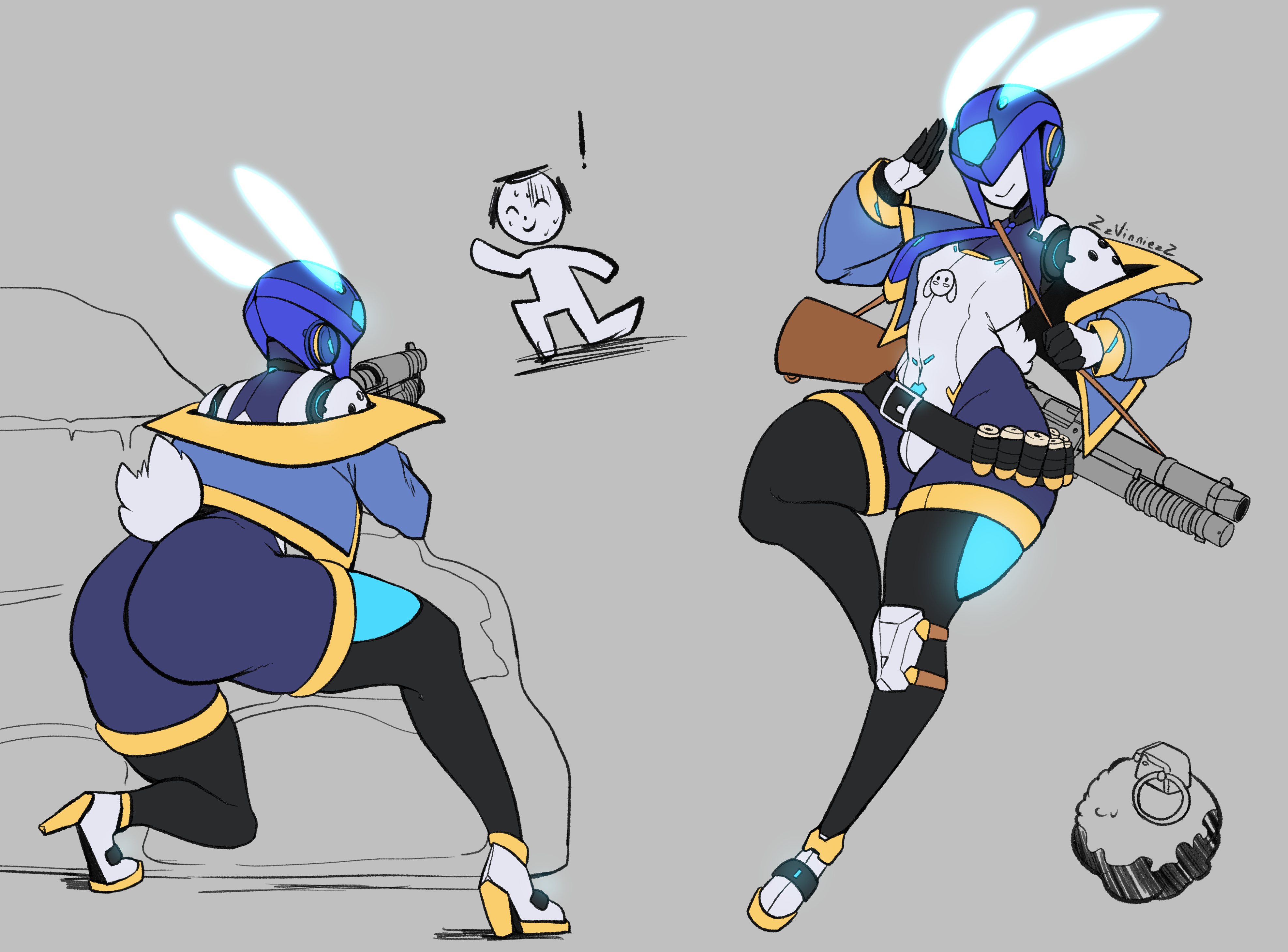 ass, ass focus, femboy, girly, goddess of victory: nikke, gun, lapi (zzvinniezz), male, male focus, male only, no humans, original, original character, rabbit ears, robot, robot boy, tagme, trap, zzvinniezz