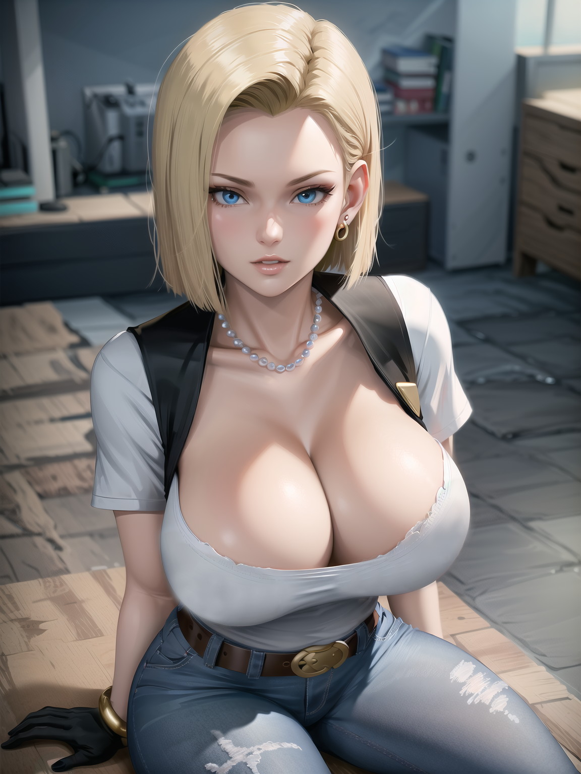 1girls, ai generated, android 18, blonde, blonde female, blonde hair, breasts, cleavage, clothed, clothed female, curvy body, curvy female, curvy figure, dragon ball, dragon ball super, dragon ball z, earring, earrings, female, female focus, female only, huge breasts, jeans, necklace, short hair, stable diffusion, thick thighs, tight pants