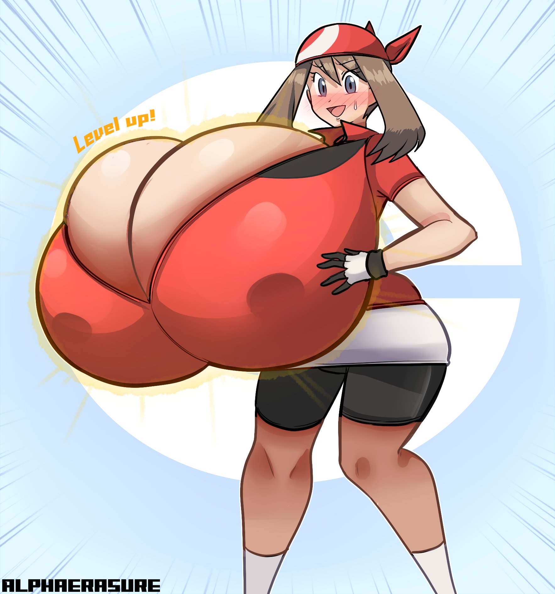 alphaerasure, blue eyes, blush, breast expansion, breast growth, breast growth (enlargement), breasts, bursting breasts, cleavage, cleavage overflow, female, gameplay mechanics, huge breasts, hyper breasts, level up, may (pokemon), nervous smile, pokemon, pokemon rse, tight clothing, top heavy