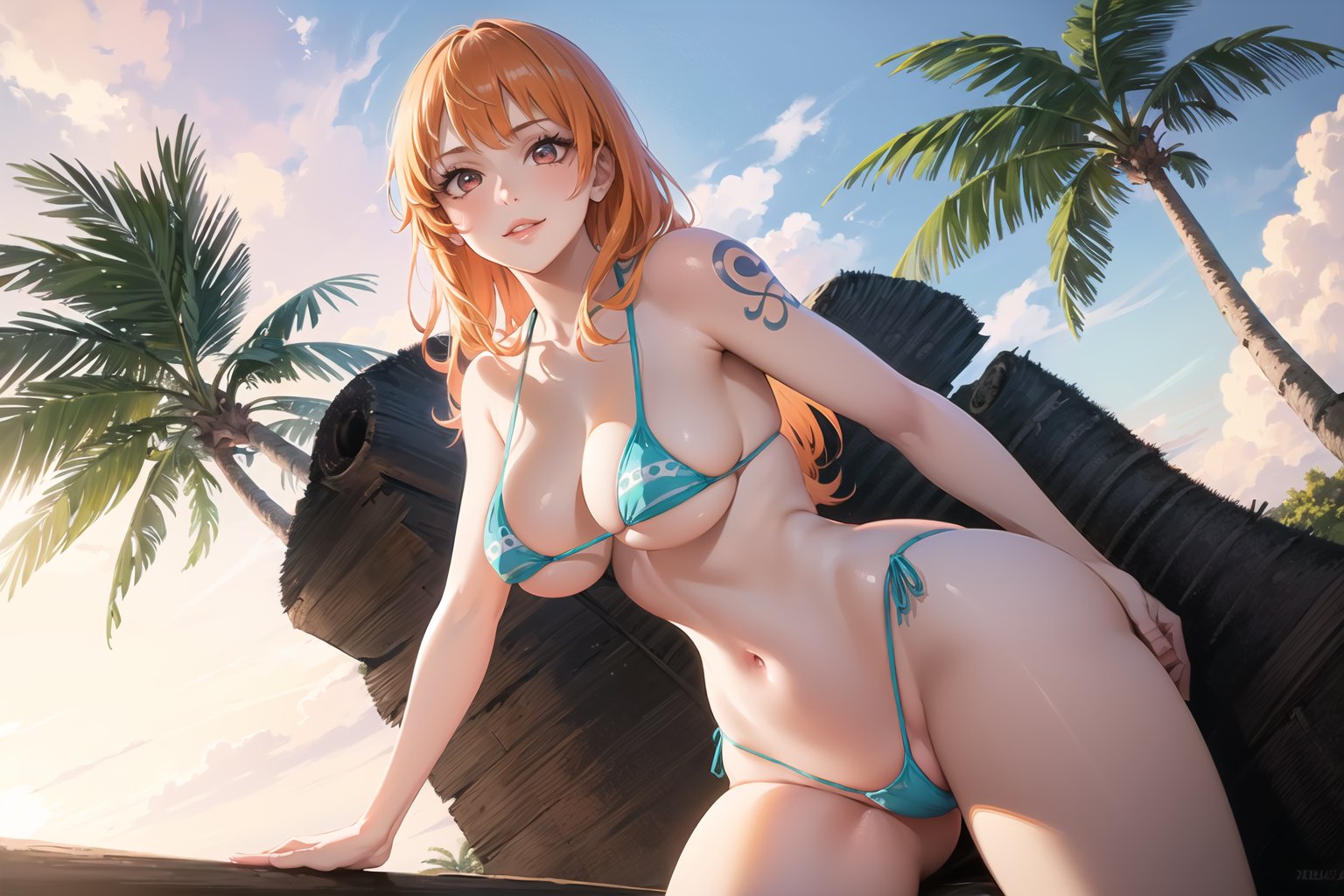 1girls, ai generated, artist request, bikini, breasts, curvaceous, curvy body, curvy female, female, female focus, female only, hi res, huge breasts, long hair, nami (one piece), one piece, orange hair, post-timeskip, solo female, solo focus, stable diffusion