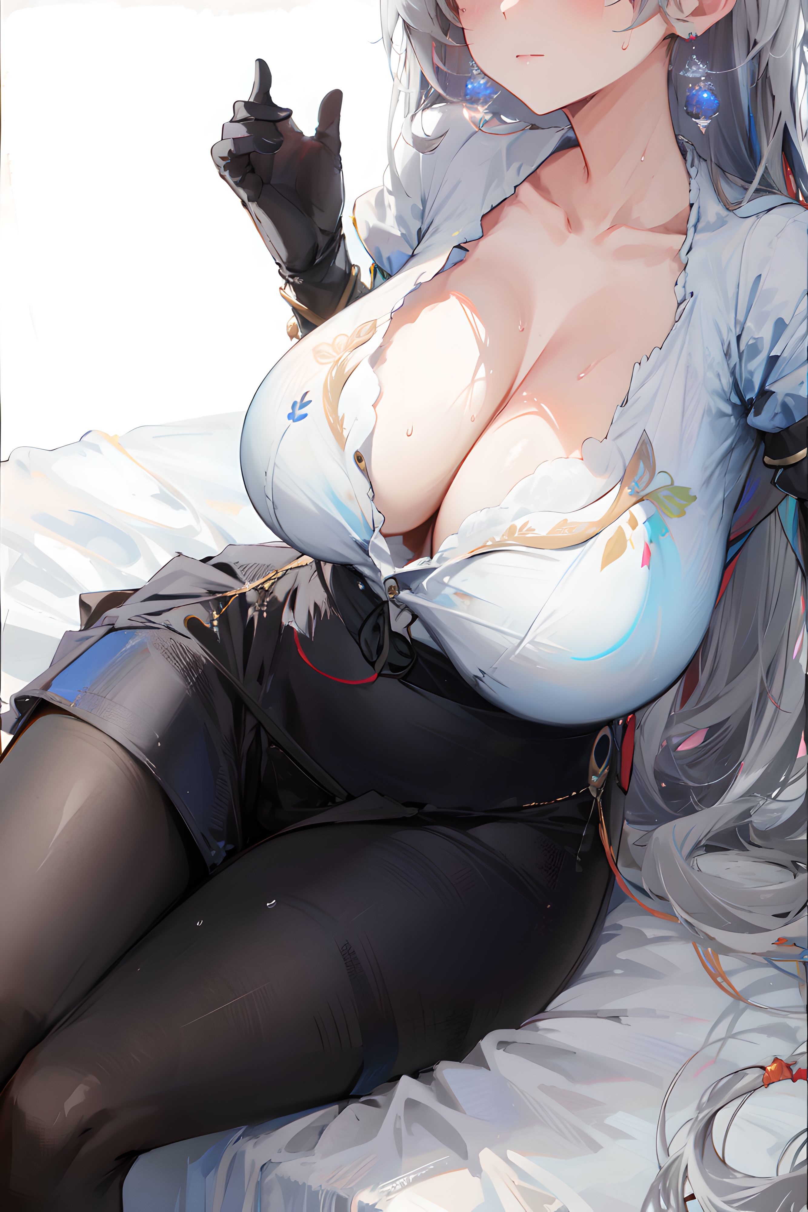1girls, ai generated, black legwear, blush, breasts, bronya rand, cleavage, curvaceous, curvy body, curvy figure, earrings, female, female focus, female only, honkai (series), honkai: star rail, huge breasts, looking at viewer, office lady, seductive look, solo female, solo focus, stable diffusion, thick thighs
