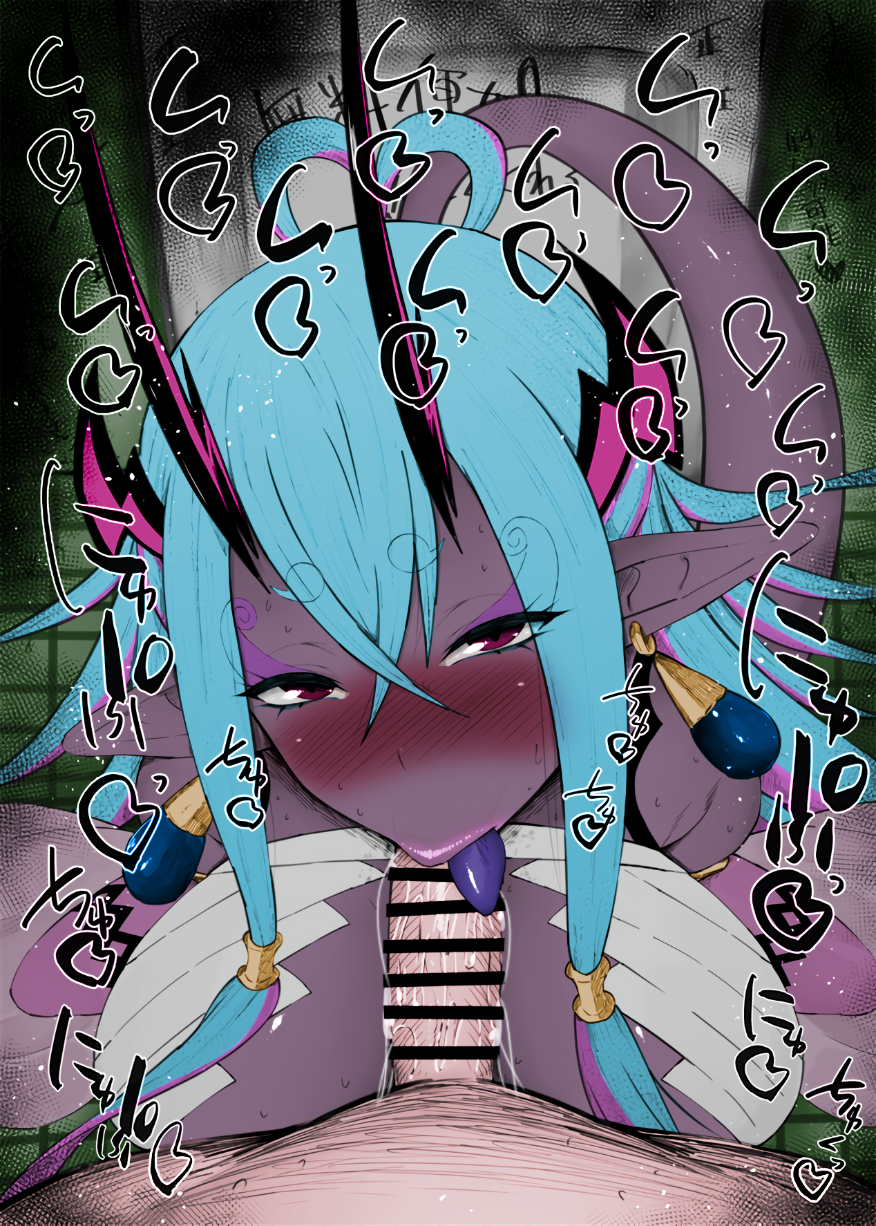 :>=, 1boy, 1girls, color, colored, demon, demon girl, fate (series), fate/grand order, fellatio, female, horns, ibuki douji (fate), interspecies, kurotama, light skin, light-skinned male, male, oni, pointy ears, saliva, tail, tongue, tongue out
