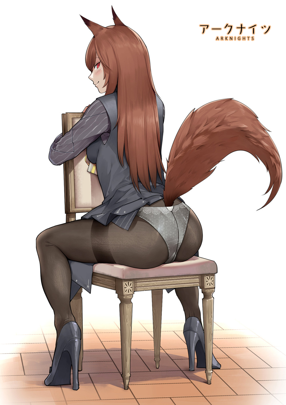 1girls, 2023, animal ears, arknights, ass, ass focus, brown hair, chair, female, fox ears, fox girl, fox tail, franka (arknights), from behind, hi res, high heels, lace, light skin, light-skinned female, looking at viewer, looking back, panties, pantyhose, red eyes, simple background, sitting, solo, tail, underwear, vest, yonoki
