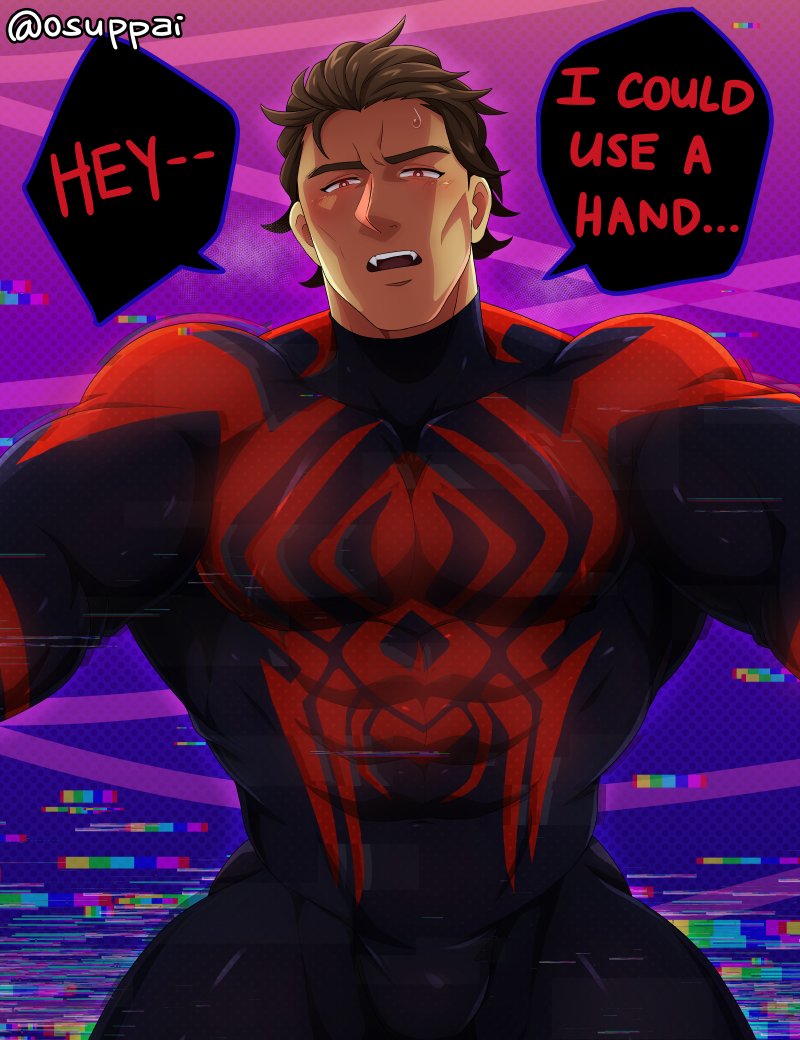 1boy, bulge, dark skin, dark-skinned male, flaccid, male, male only, marvel, marvel comics, miguel o'hara, muscular, muscular male, penis, pov, solo, solo male, superhero costume, tagme