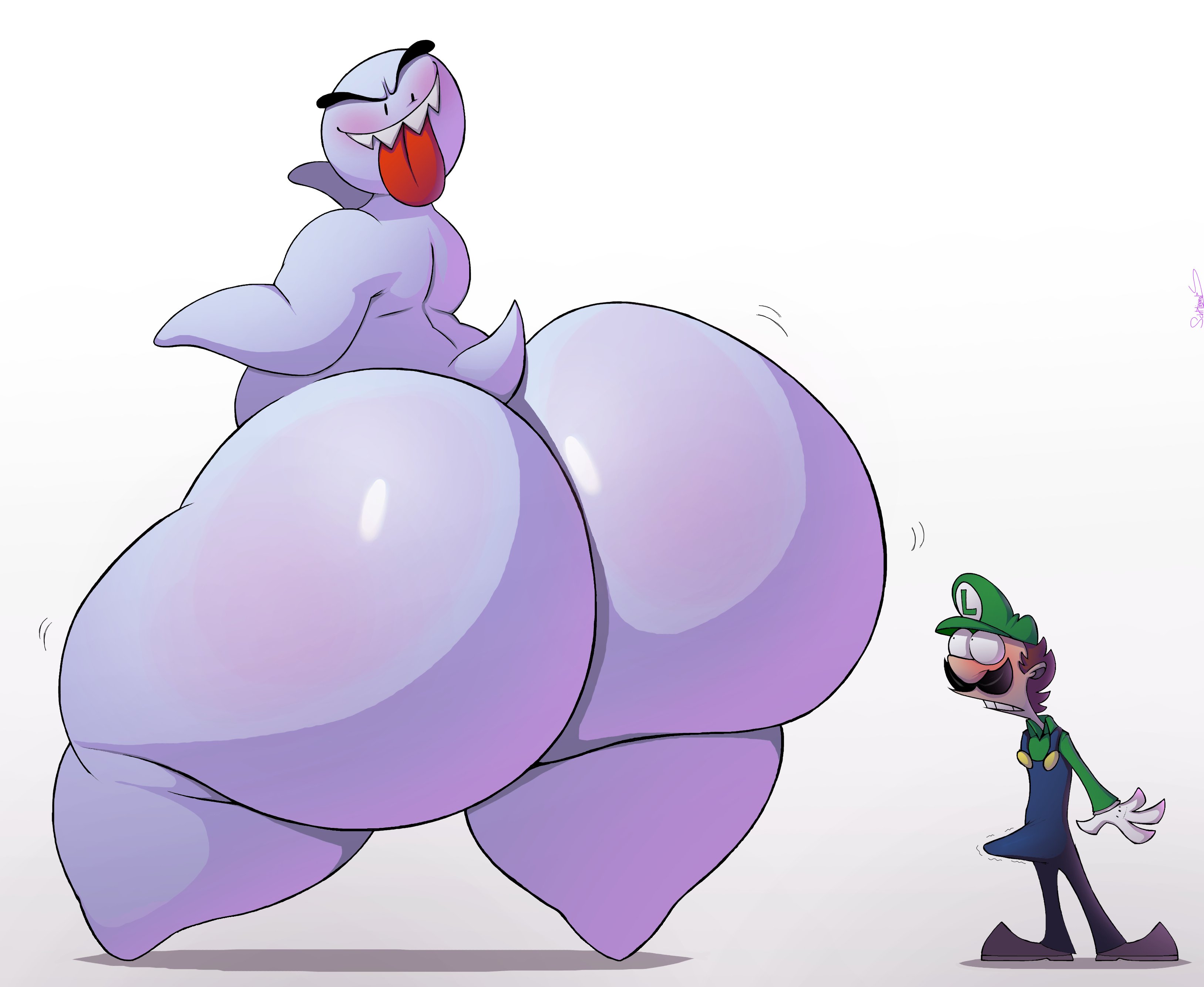 2boys, arousal, aroused, ass, ass focus, big ass, big butt, blush, boo (mario), chubby, chubby male, erect penis, erection, erection under clothes, femboy, gay, ghost, huge ass, huge butt, human, hyper ass, large ass, luigi, male, male only, mario (series), massive ass, nintendo, penis, schplingnops, size difference, superchub, thick thighs, tongue, tongue out, wide hips