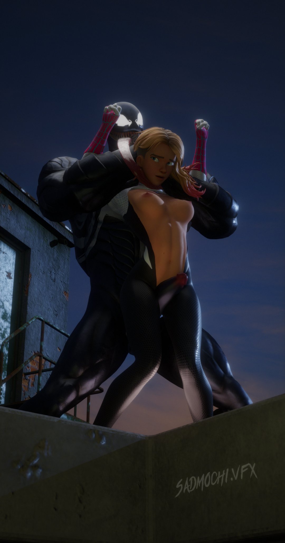 1boy 1girls 3d abs big_penis blonde_hair breasts exposed_breasts exposed_torso female fortnite full_nelson full_nelson_(arms_only) gwen_stacy gwen_stacy_(spider-verse) human human_on_humanoid humanoid imminent_sex interspecies larger_male light-skinned_female light_skin long_tongue male marvel muscular_male rooftop rooftop_sex sadmochi spider-man:_into_the_spider-verse spider-man_(series) straight symbiote unzipped unzipped_bodysuit venom_(marvel)