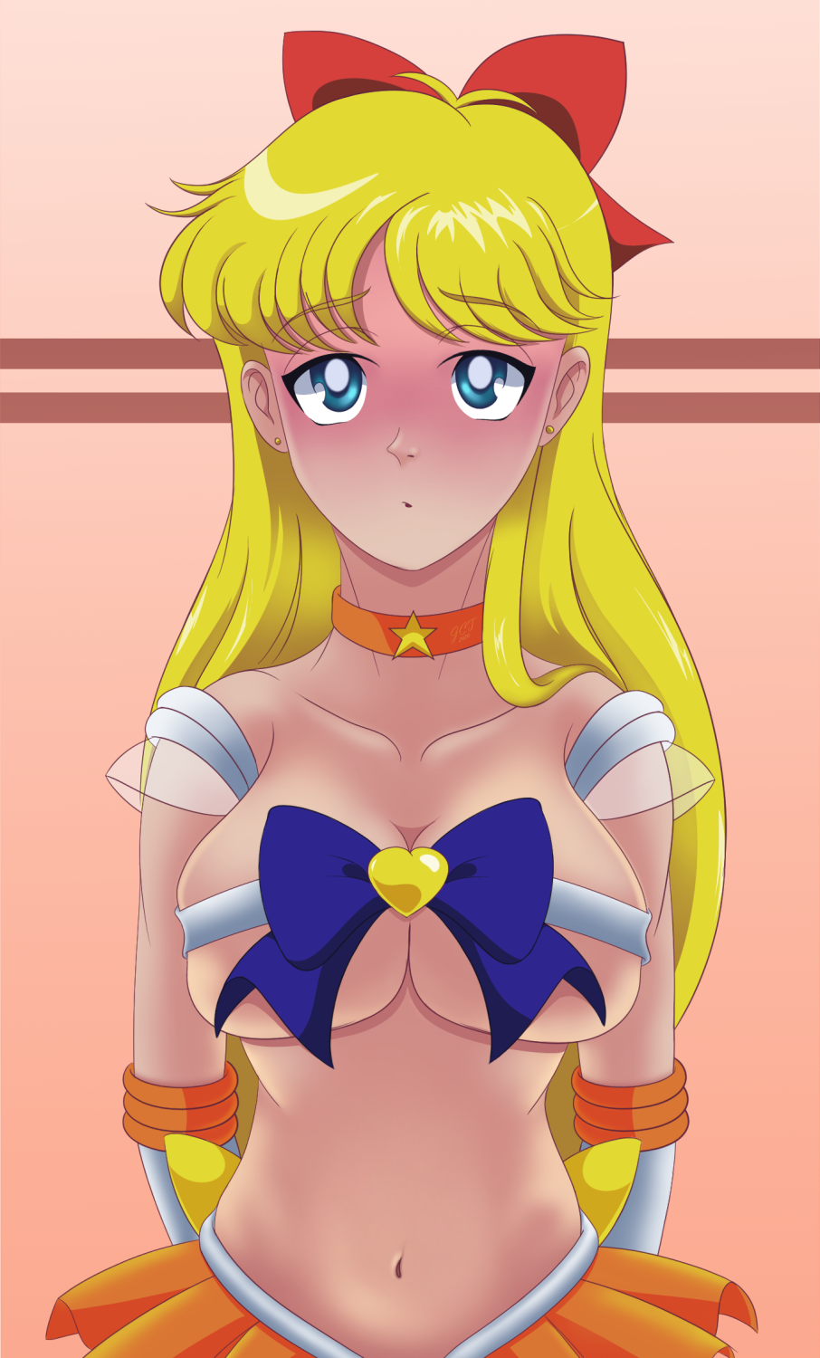 1girls big_breasts bishoujo_senshi_sailor_moon blonde_female blonde_hair blue_eyes blush blushing bow choker clothing gift gift_wrapped heart heroine joxercoleturner large_breasts long_hair looking_at_viewer minako_aino necklace sailor_uniform sailor_venus skirt suit