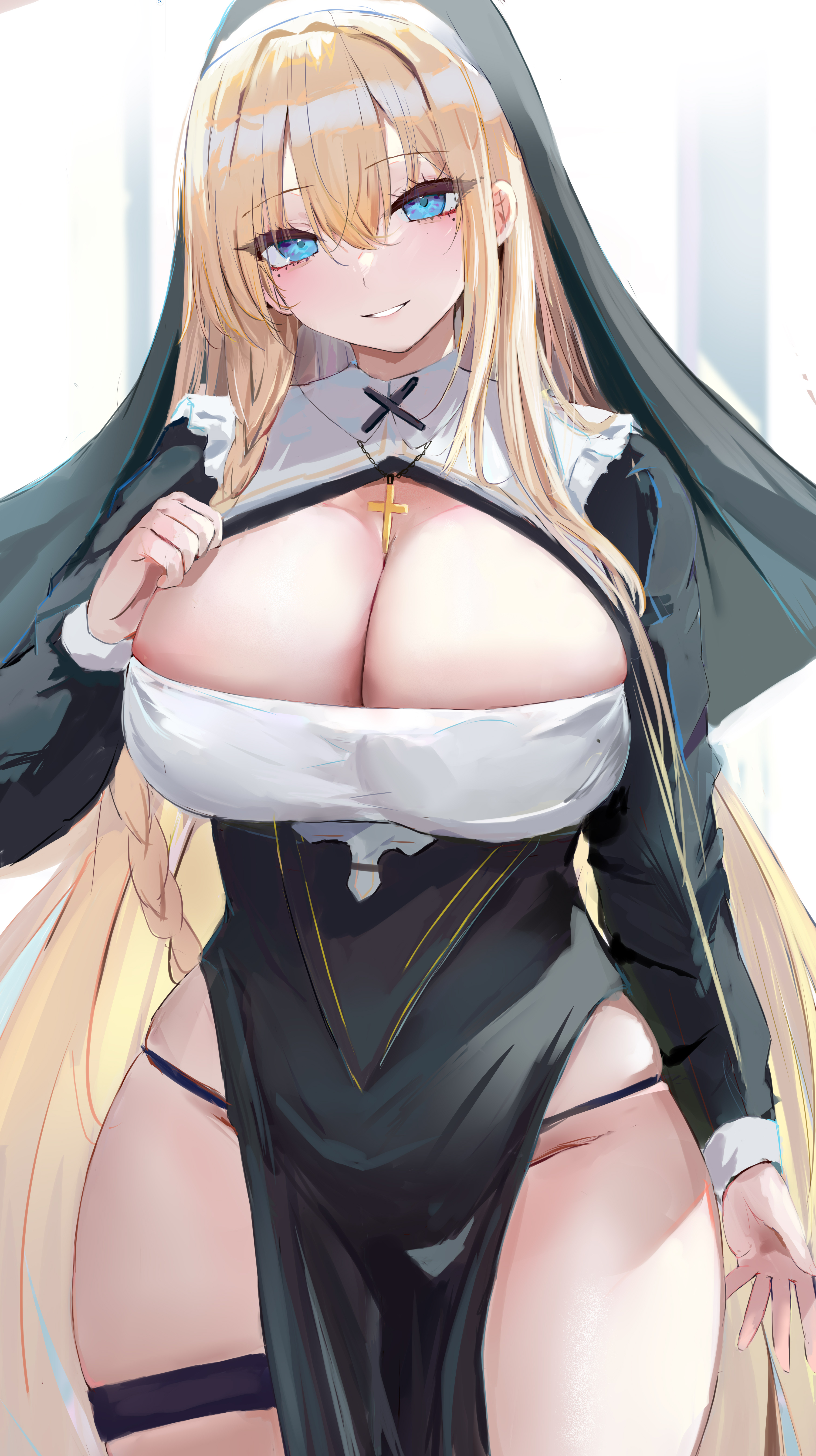 absurd res, black dress, blonde hair, blue eyes, blush, breasts, cleavage, cleavage cutout, cross, dress, female, female only, highres, huge breasts, long hair, lshiki, nun, original, panties, pelvic curtain, smile, solo