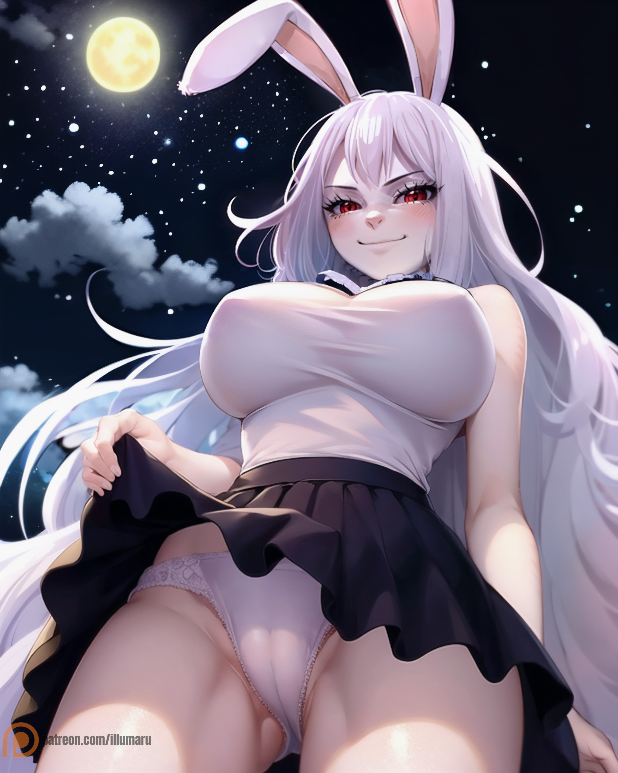 1girls, 2023, ai generated, anthro, blush, breasts, brown eyes, cameltoe, cleavage, clothed, clothing, detailed, female, female only, from below, full moon, hair, hands behind back, hi res, lagomorph, large breasts, leporid, lifting skirt, long hair, looking at viewer, lying, mammal, moon, moonlight, night, outdoors, outside, panties, pantyshot, pussy, rabbit, rabbit ears, rabbit humanoid, red eyes, shirt, skirt, skirt lift, smile, smiling, smiling at viewer, solo, solo female, spread legs, stable diffusion, thick thighs, underwear, upskirt, very long hair, viewed from below, white body, white hair, white panties, white shirt, white skin