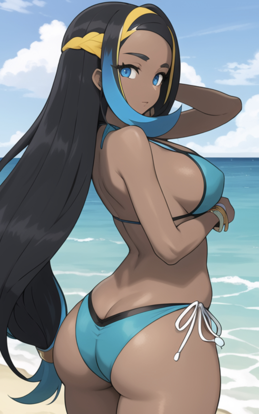 ai generated, ass, beach, big ass, bikini, blue eyes, breasts, dark skin, dark-skinned female, female, nessa (pokemon), nintendo, ocean, pokemon, pokemon ss, thick thighs