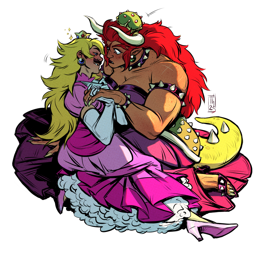 1boy 1girls blonde_hair bowsette cleavage clothed clothing cosplay crossdressing crown dark-skinned_female dark_skin dress duo elbow_gloves fully_clothed gloves holding_hands horns interlocked_fingers long_dress long_hair luigi mario_(series) moustache muscular_female new_super_mario_bros._u_deluxe princess_peach_(cosplay) red_bowsette red_eyes red_hair simple_background straight super_crown super_mario_bros. tail taller_girl tench white_background white_gloves wig