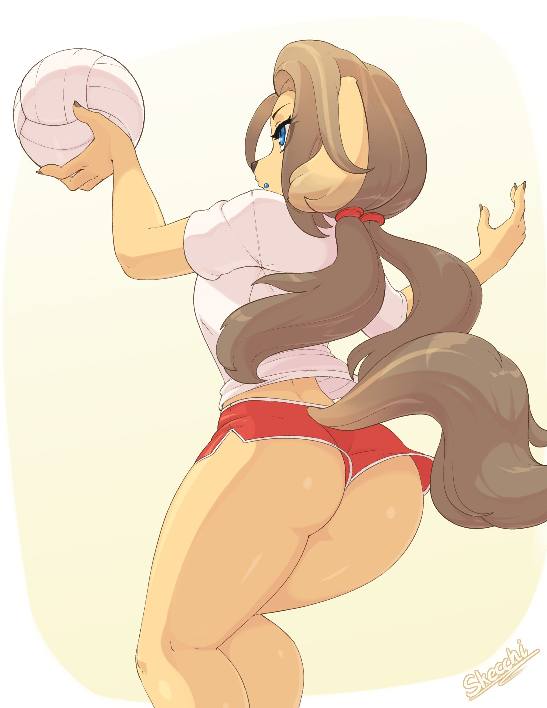 1girls, anthro, ass, blue eyes, brown hair, canine, dog ears, dog tail, female, female only, fur, furry, furry only, hi res, long hair, rear view, skecchiart, solo, tail, thick thighs, twintails, vanessa (skecchiart), volleyball, volleyball (ball), volleyball uniform, yellow fur