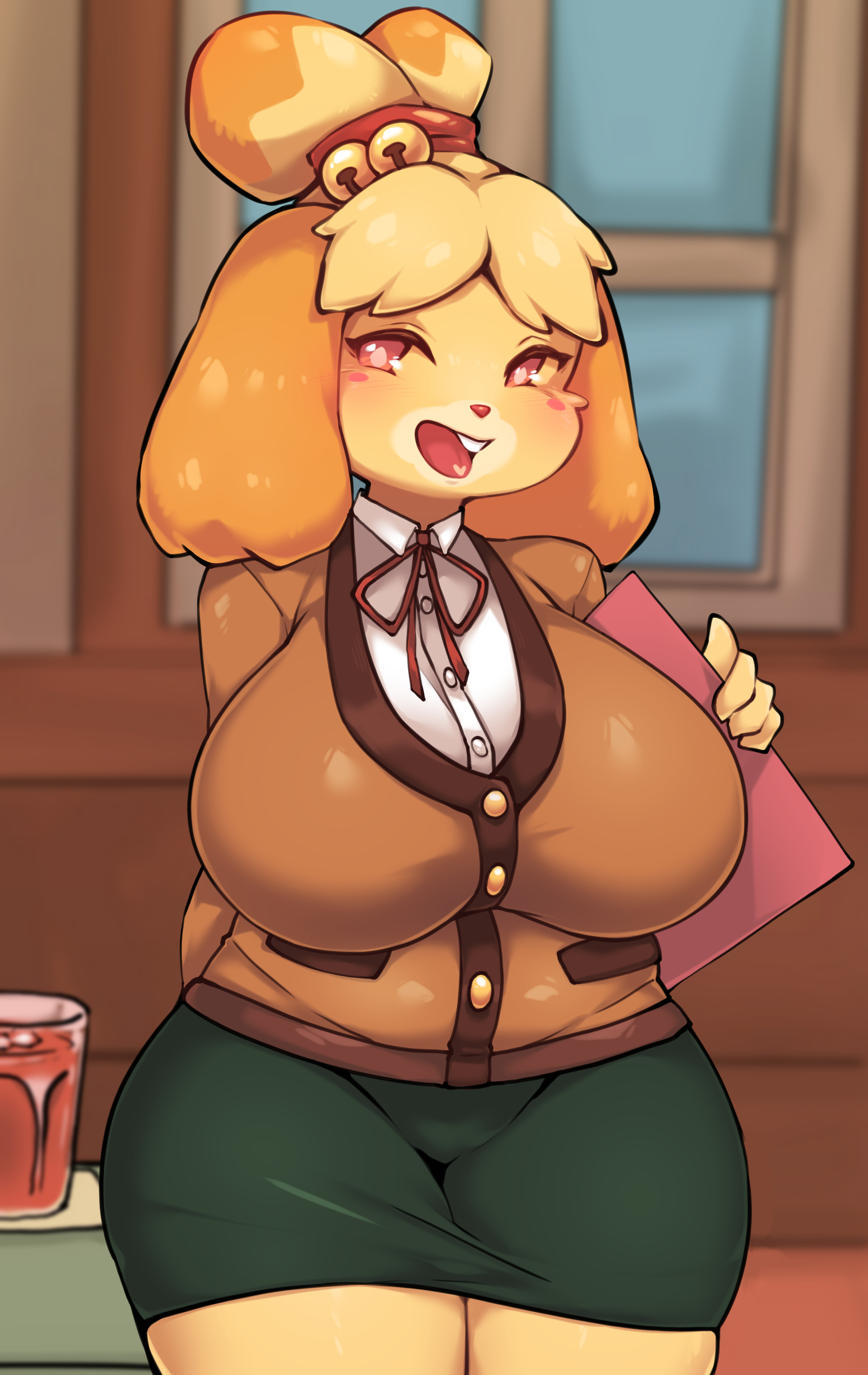 1girls, animal crossing, anthro, anthro only, big breasts, boingfarm, breasts, canine, clothed, clothing, domestic dog, female, female only, front view, fur, furry, furry only, hi res, indoors, isabelle (animal crossing), large breasts, long sleeves, looking at viewer, mammal, nintendo, shih tzu, skirt, smile, solo, standing, thick thighs, wide hips, yellow body, yellow fur