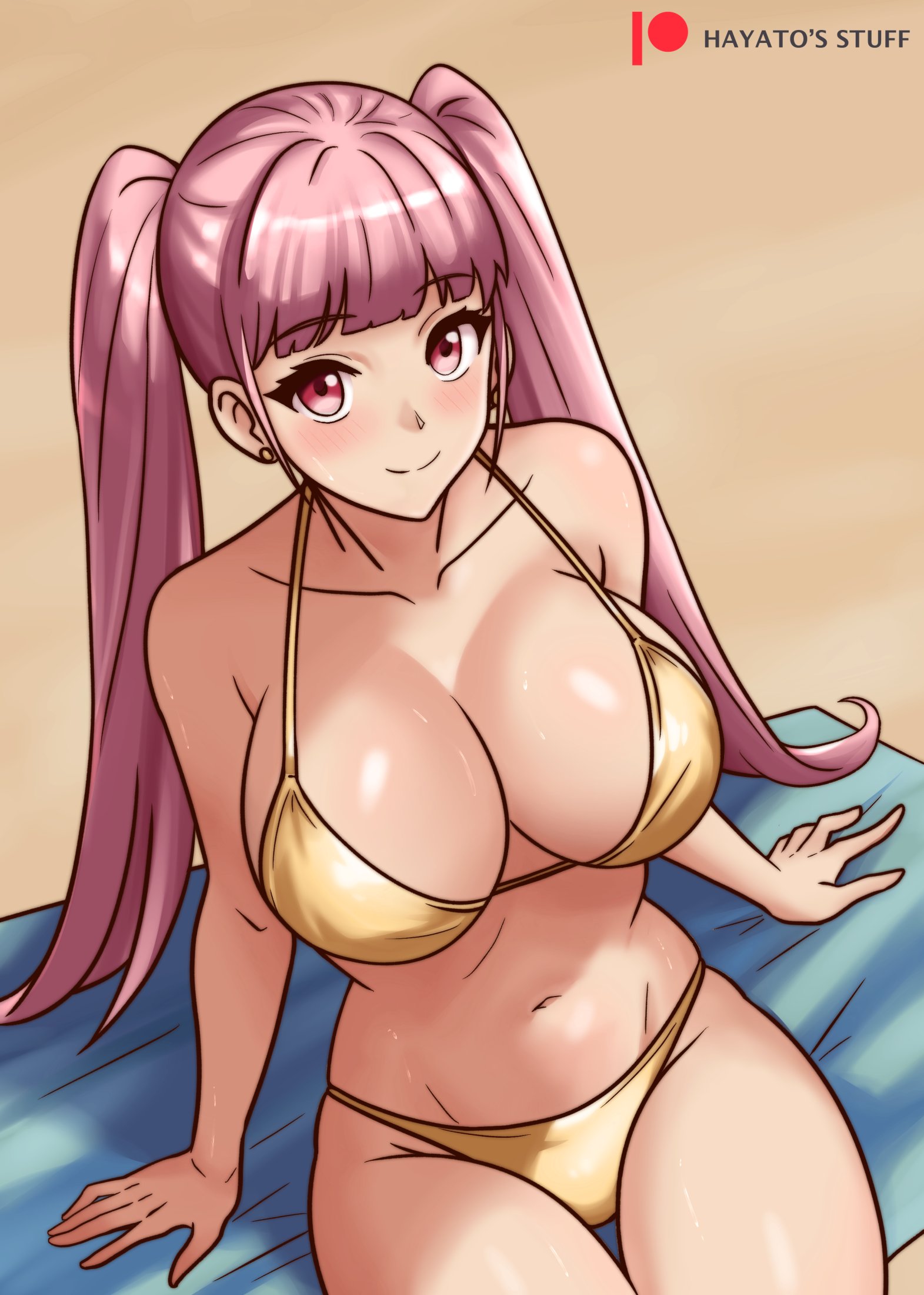alternate costume, bikini, breasts, female, female only, fire emblem, fire emblem: three houses, gold bikini, gold swimsuit, hayato stuff, hilda valentine goneril, nintendo, pink hair, solo, swimsuit, yellow bikini, yellow swimsuit
