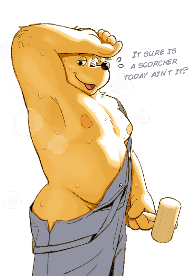 anthro bear bears belly berenstain_bears bodily_fluids clothed clothing daddy_kink male male_only mammal moobs musclegut overalls_only overweight papa_bear partially_clothed shoegays-art solo sweat tagme