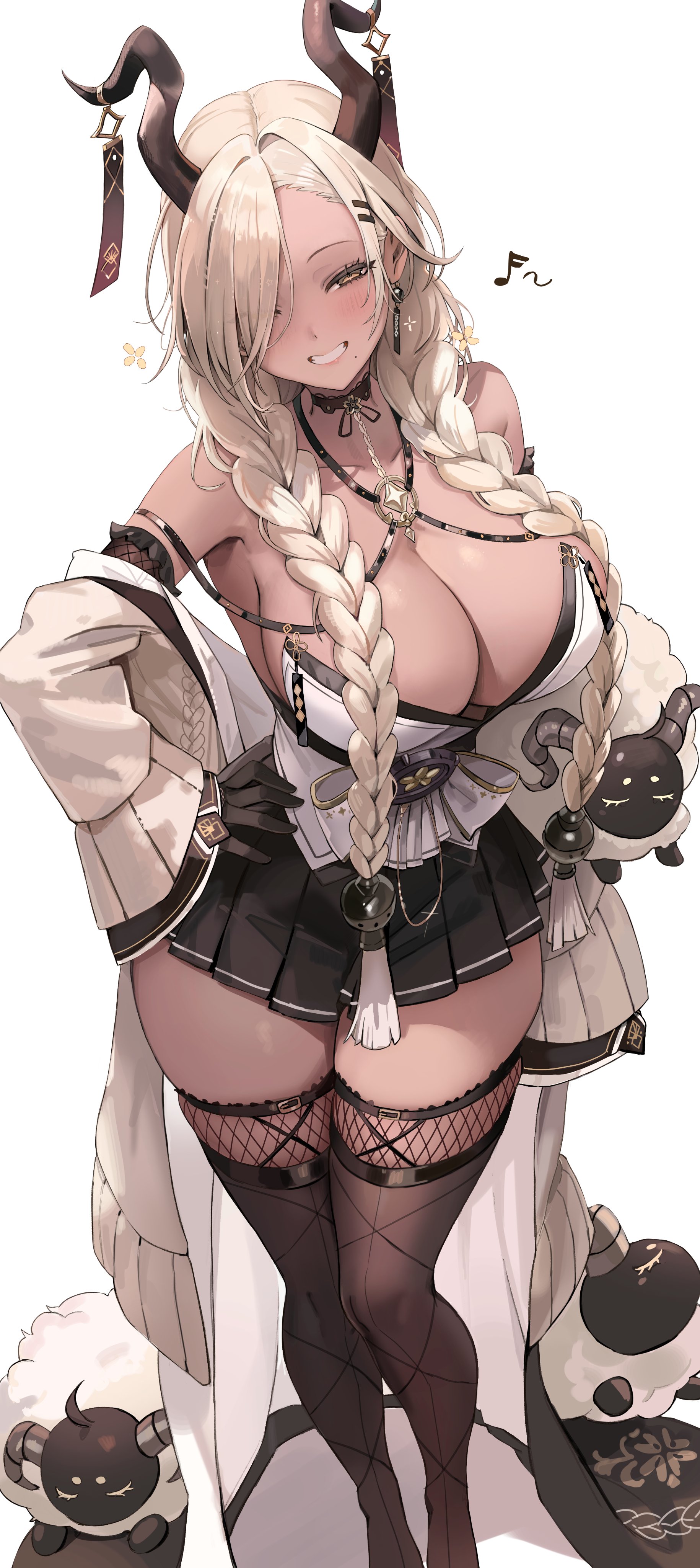 1girls, azur lane, blonde hair, braided twintails, breasts, brown skin, cleavage, female, freng, gyaru, hair over one eye, horns, huge breasts, long hair, naughty face, owari (azur lane), smile, tan, tan-skinned female, tanned skin, twintails