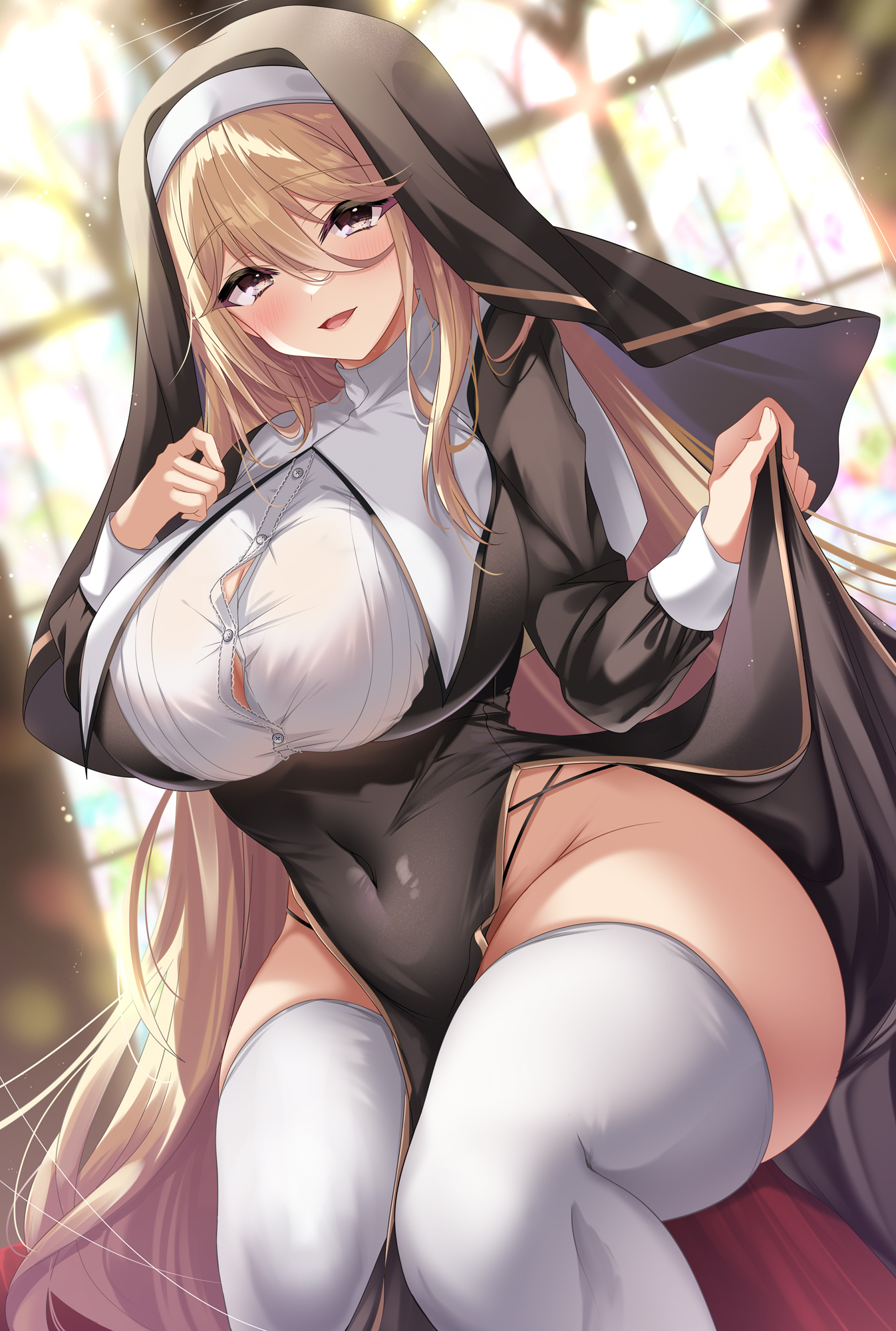 akatsuki (aktk511), blonde hair, blush, breasts, brown eyes, button gap, church, dress, female, habit, highres, large breasts, long hair, looking at viewer, nun, open mouth, original, pelvic curtain, smile, thick thighs, thighhighs
